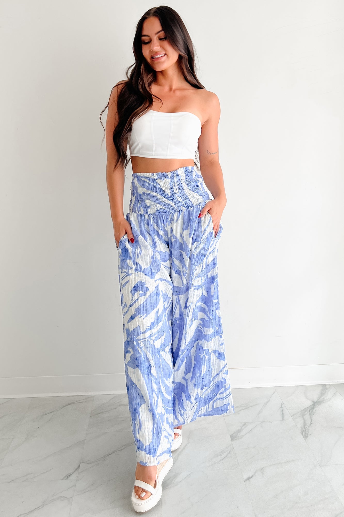 Iconic Option Printed Smocked Wide Leg Pants (Blue)