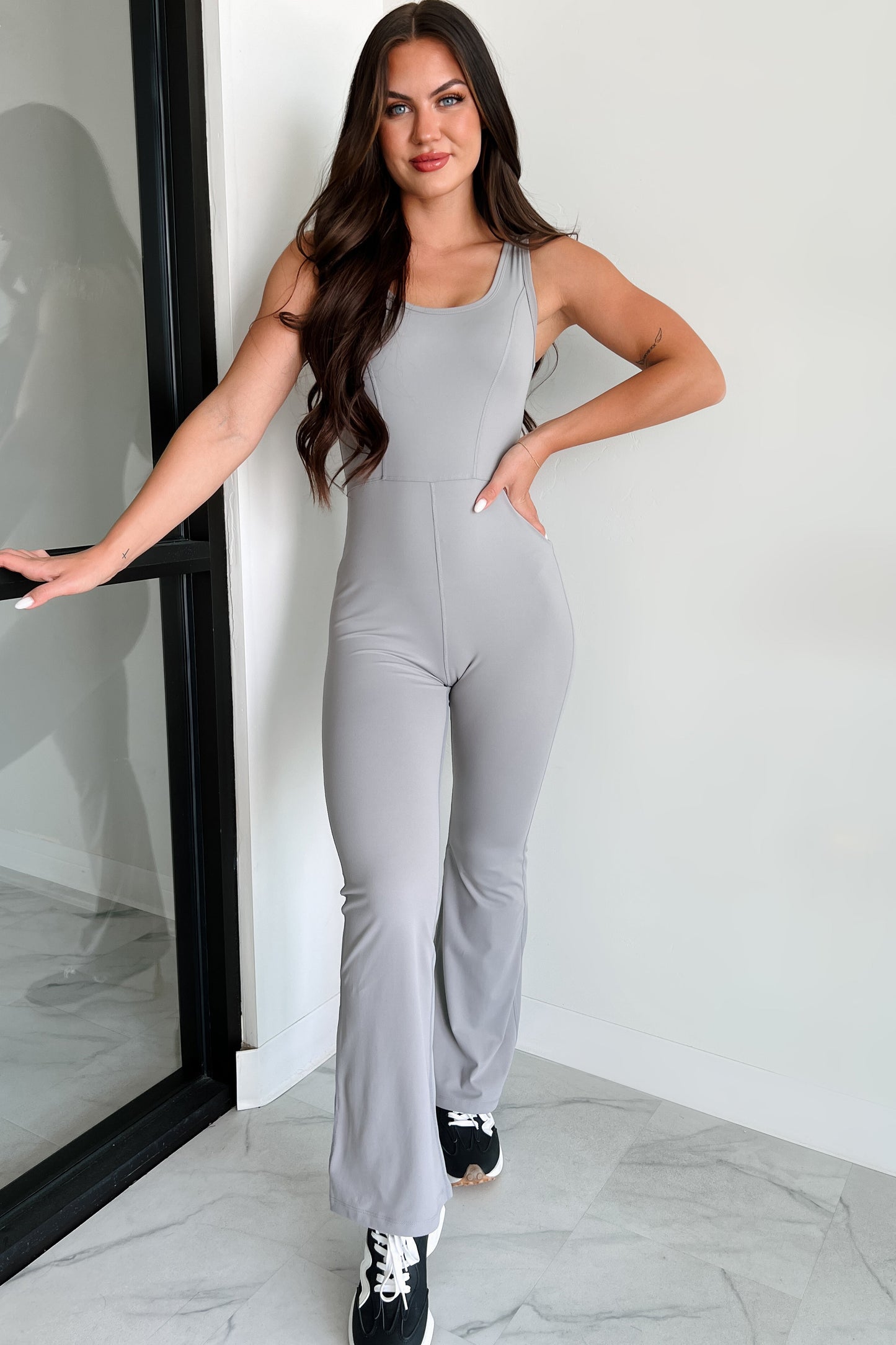 Stand & Deliver Flare Leg Jumpsuit (Cement)