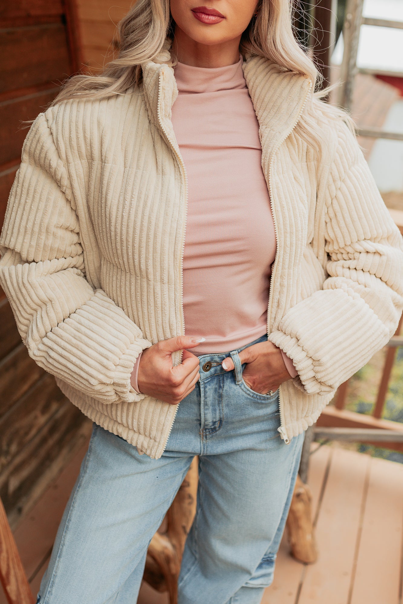 Purely Casual Corduroy Puffer Jacket (Cream)