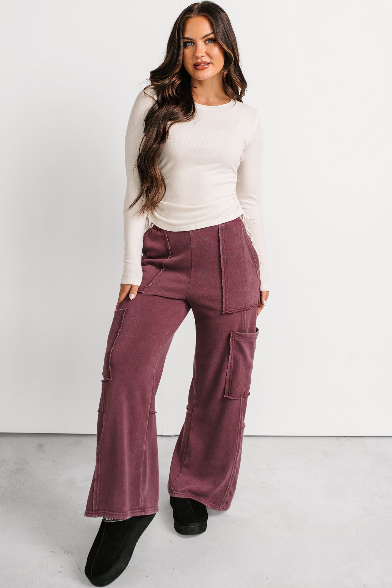Made Ready Wide Leg Cargo Sweatpants (Dark Cherry)