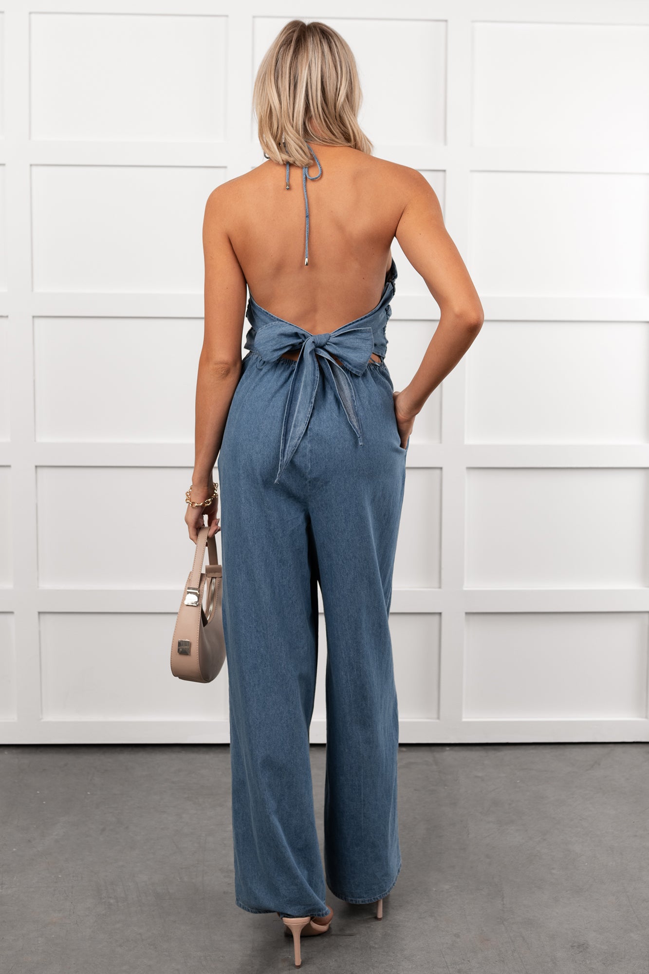 Been Done Before Halter Tie Wide Leg Jumpsuit (Denim)
