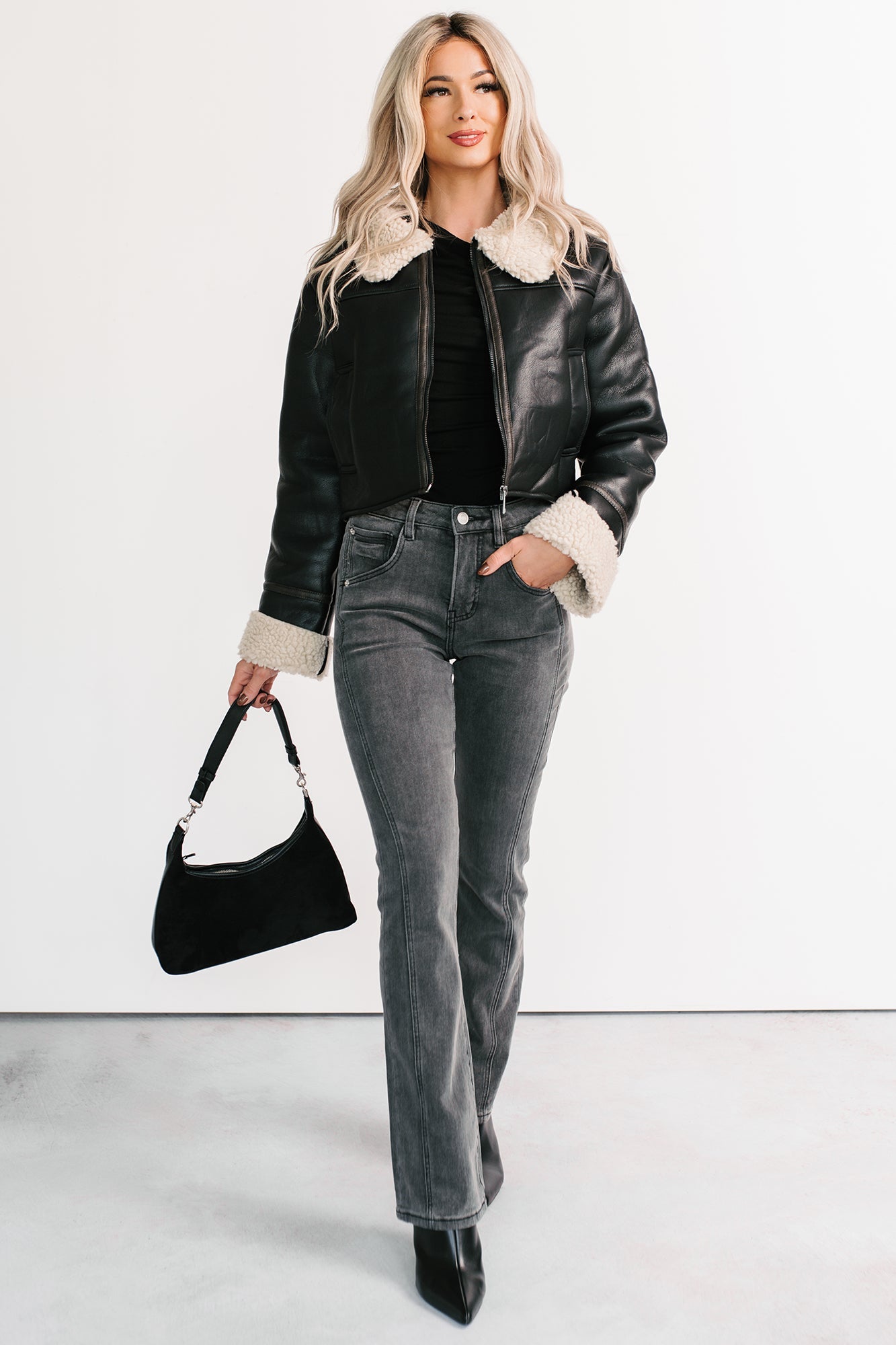 Serves You Right Sherpa Lined Faux Leather Jacket (Black)
