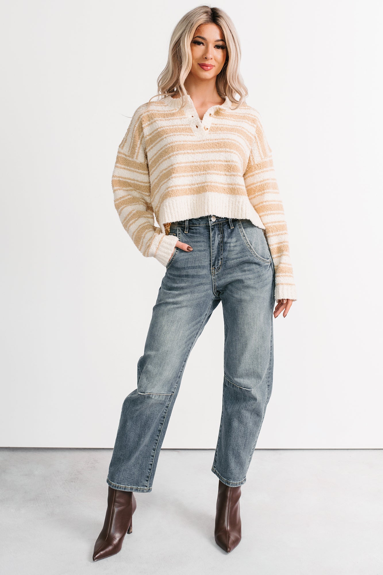 Off The Clock Stripe Knit Sweater (Taupe/Off-White)