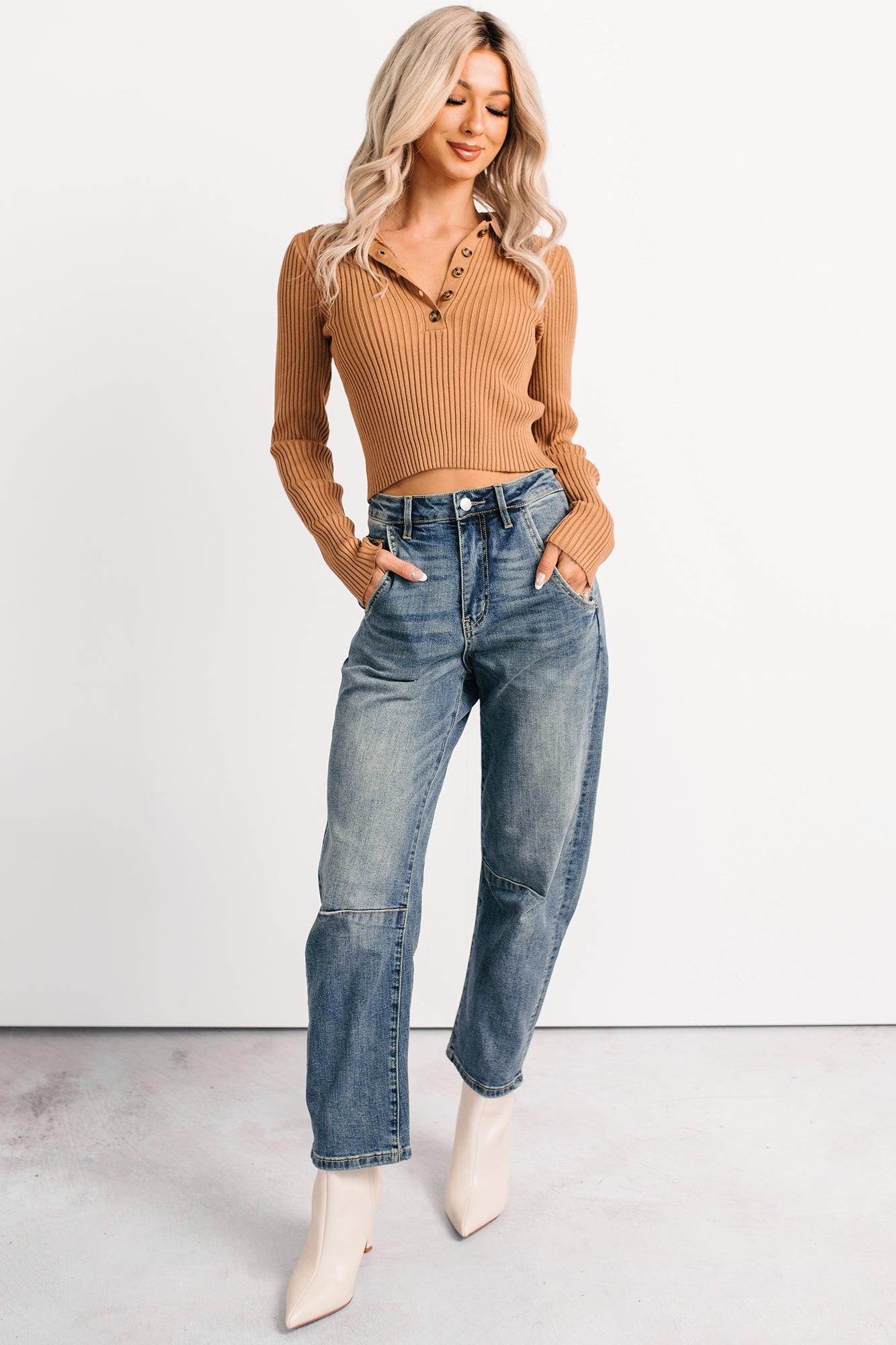 Half Serious Long Sleeve Ribbed Knit Polo Top (Camel)