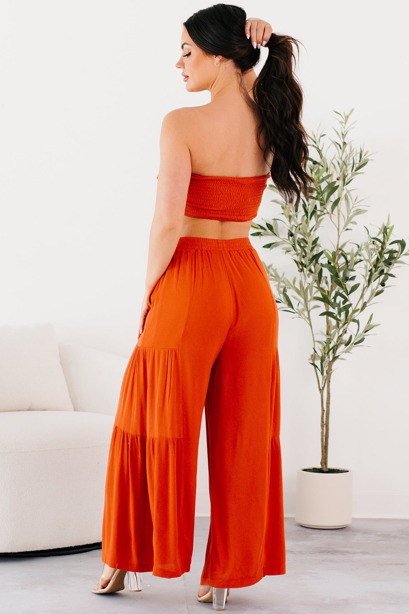 Vivid Blooms Ruffled Tube Top & Pant Set (Rust)