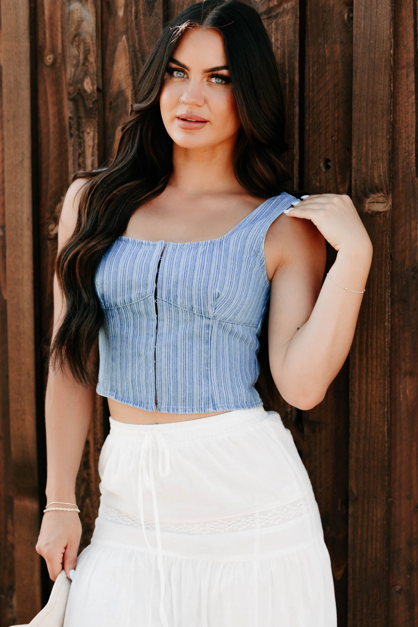 Just Killing Time Striped Denim Corset Top (Denim)