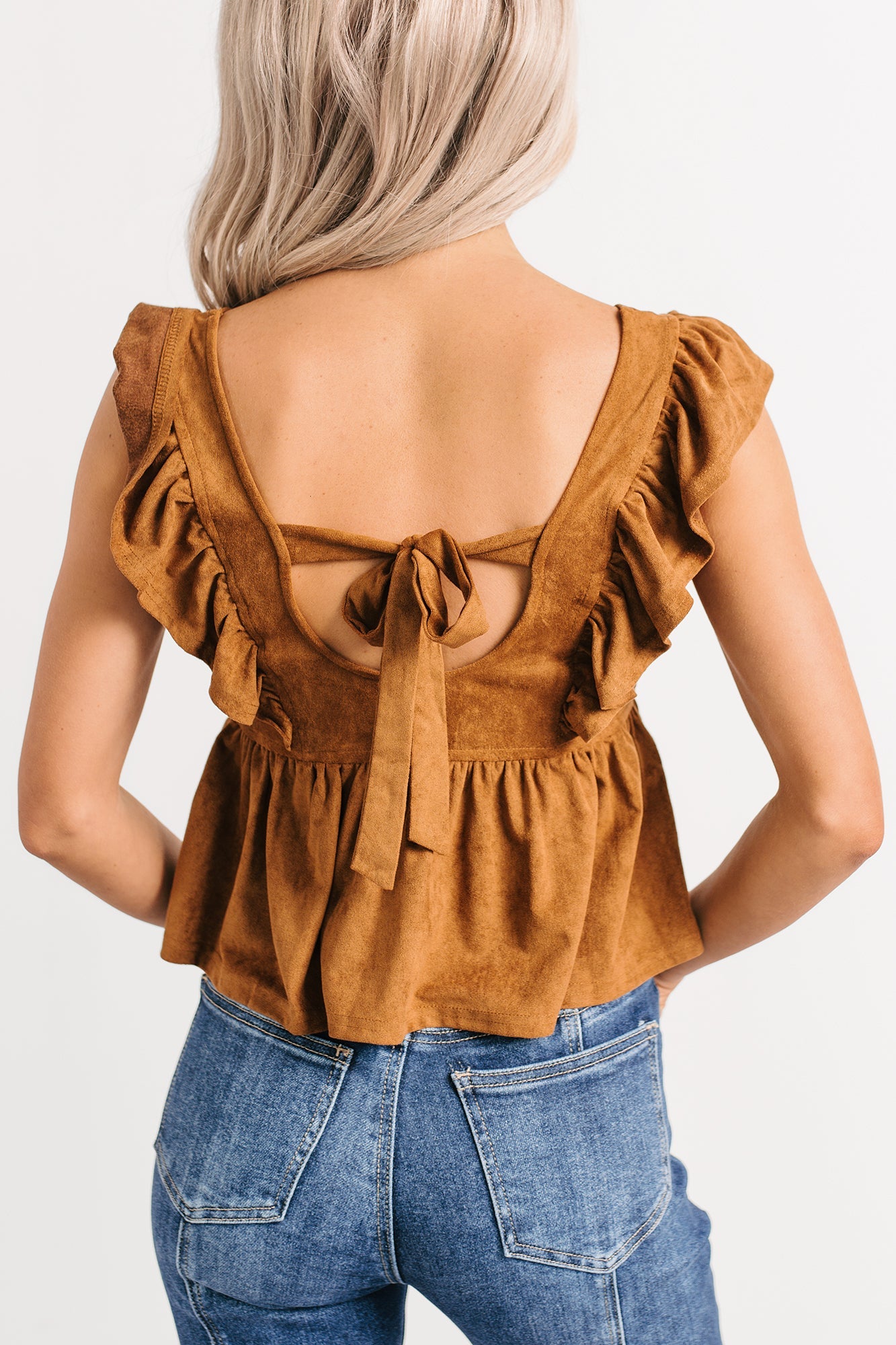 For The Girls Faux Suede Peplum Top (Camel)