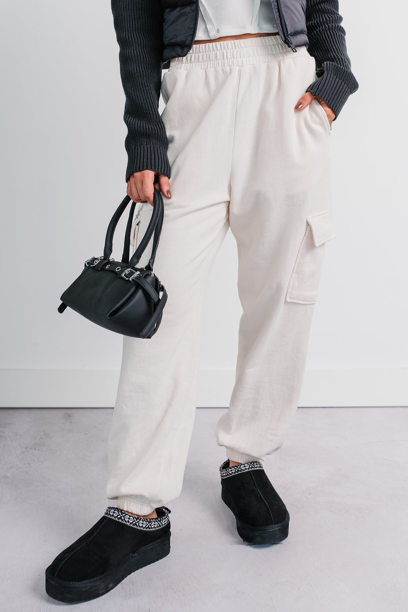 Practicing Patience Fleece Cargo Joggers (Ivory)