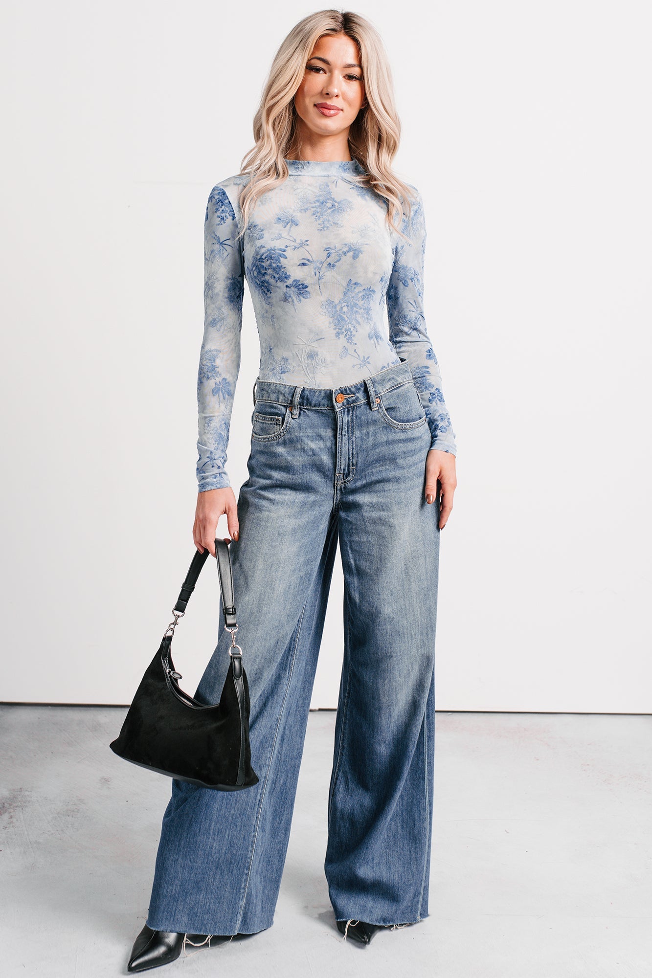Purely Pretty Floral Print Mesh Bodysuit (Blue)