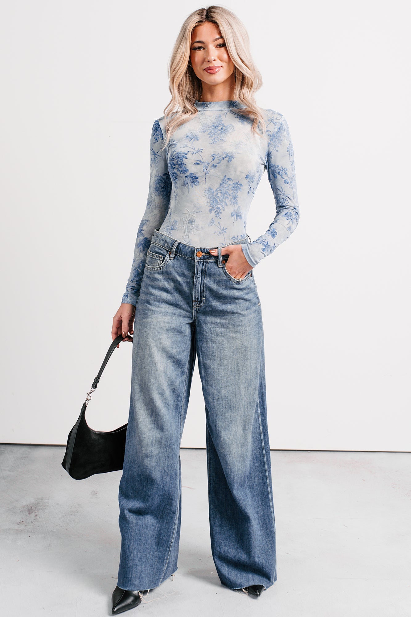 Purely Pretty Floral Print Mesh Bodysuit (Blue)