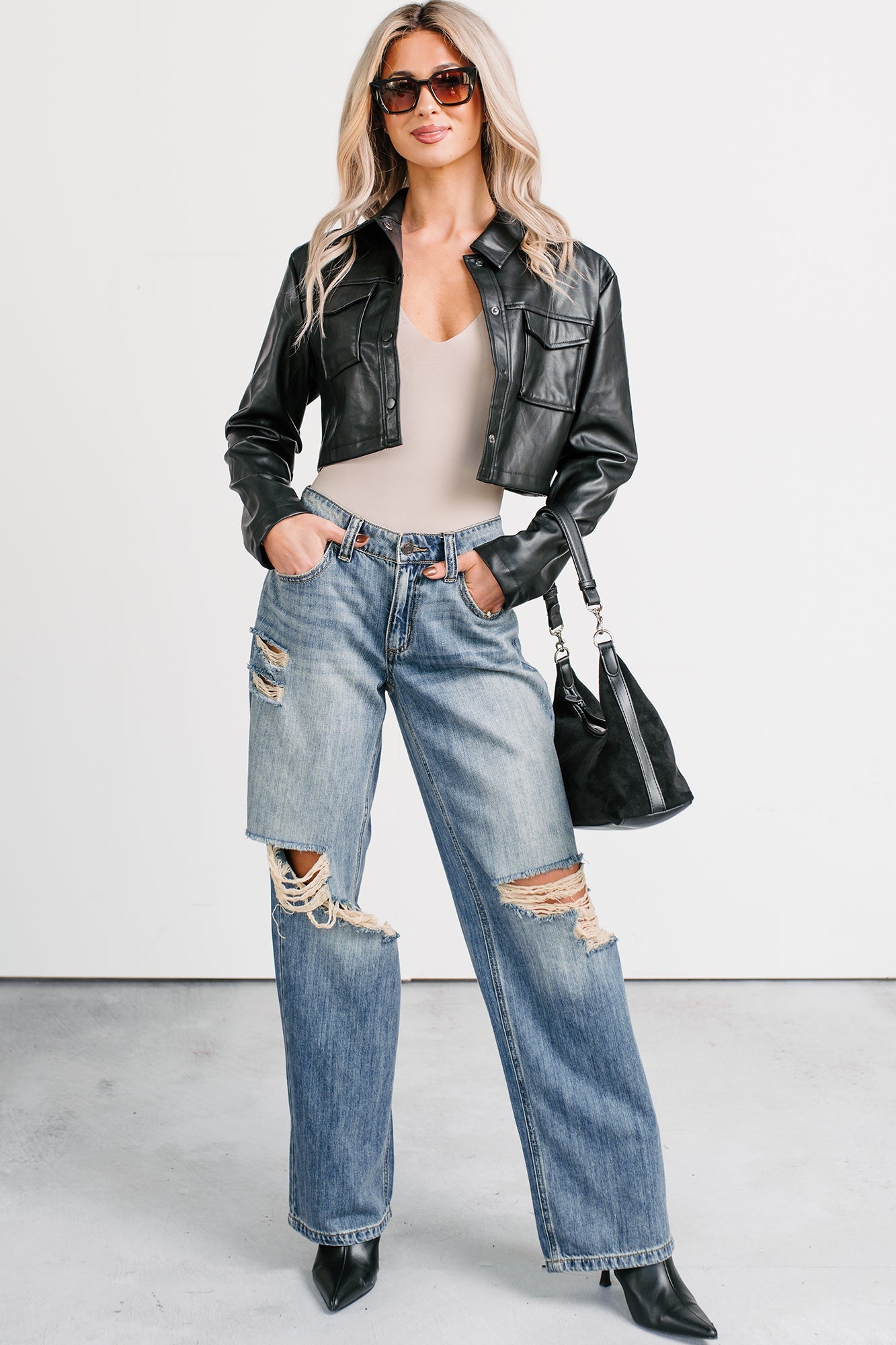 Deal With It Faux Leather Cropped Jacket (Black)