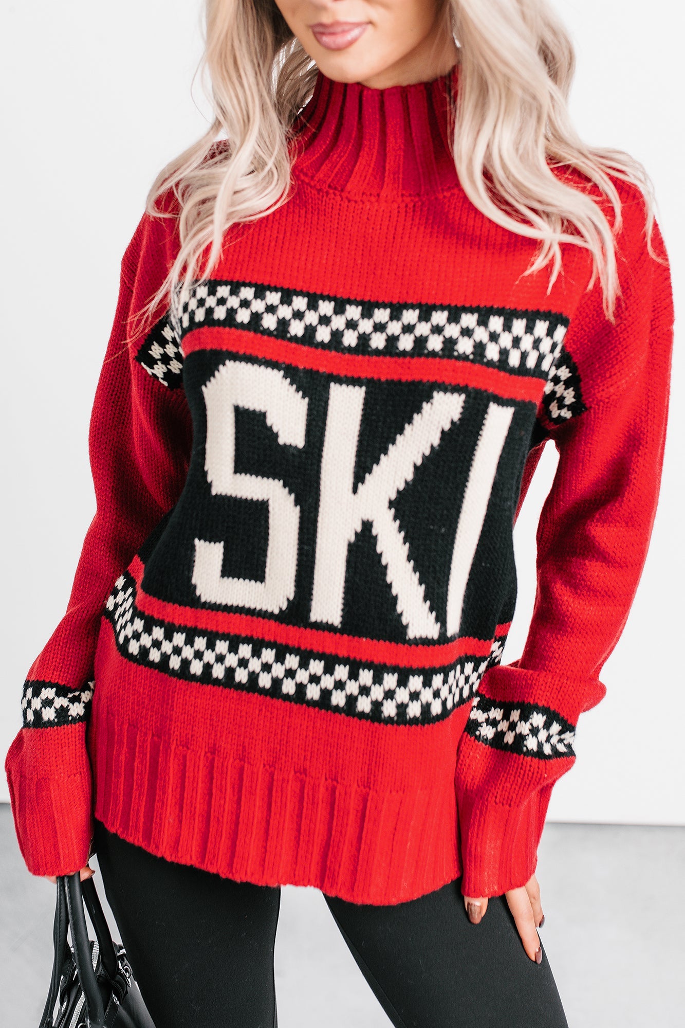 Ski You Later Graphic Mock Neck Sweater (Red)