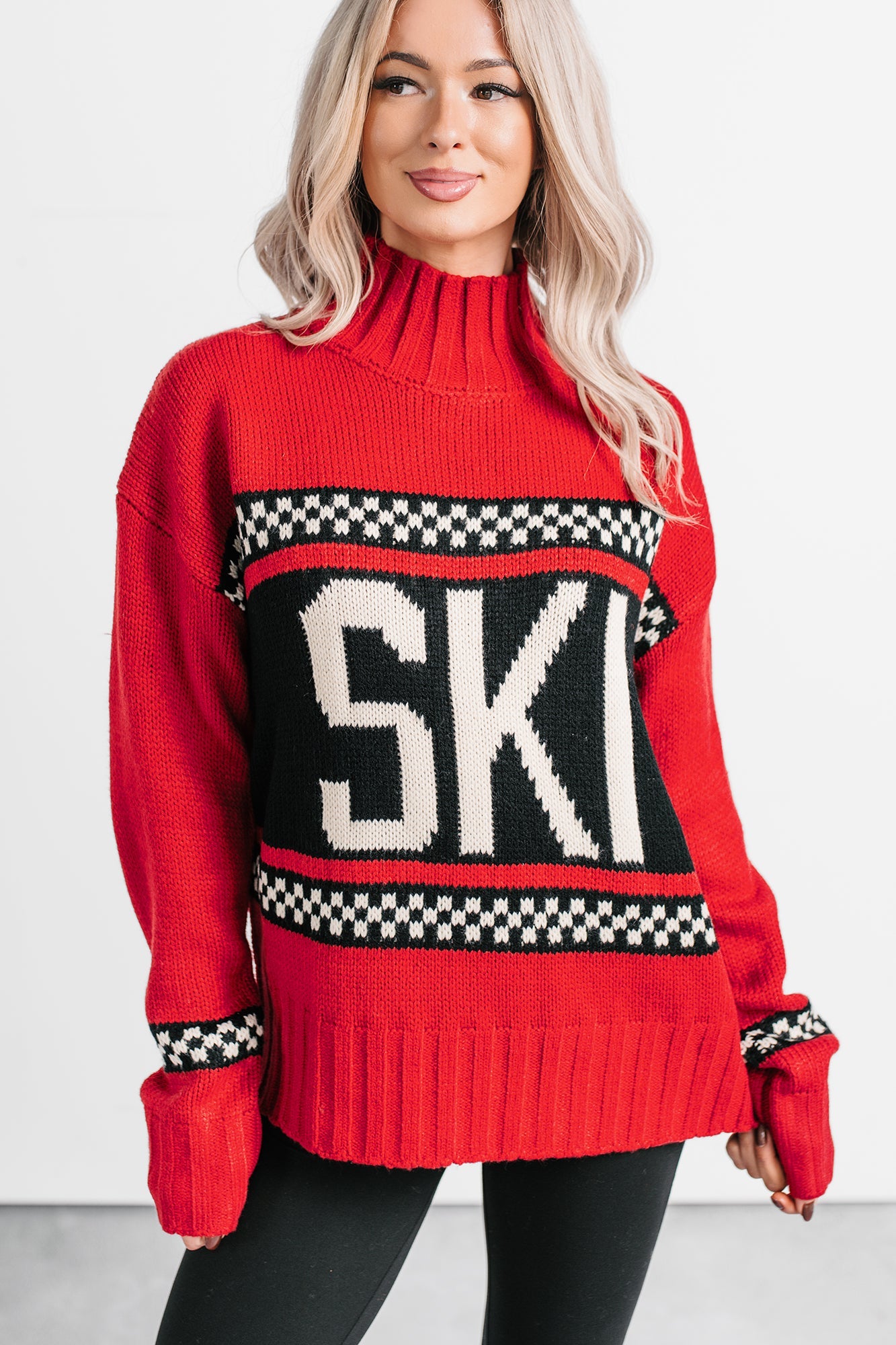Ski You Later Graphic Mock Neck Sweater (Red)