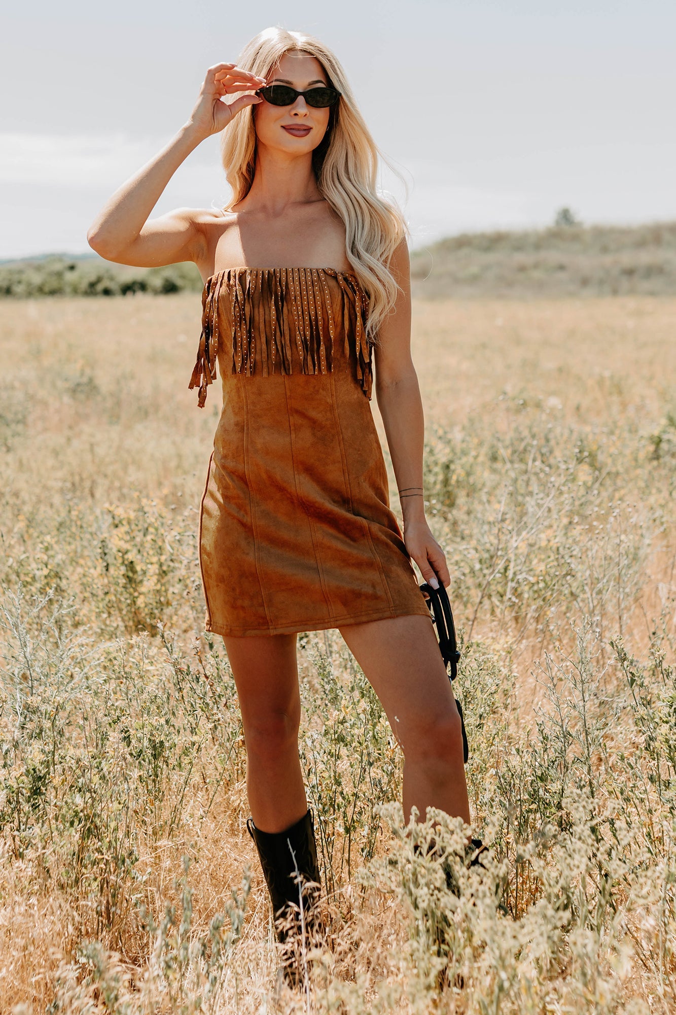 Country Dreams Suede Fringe Mini Dress (Brown)