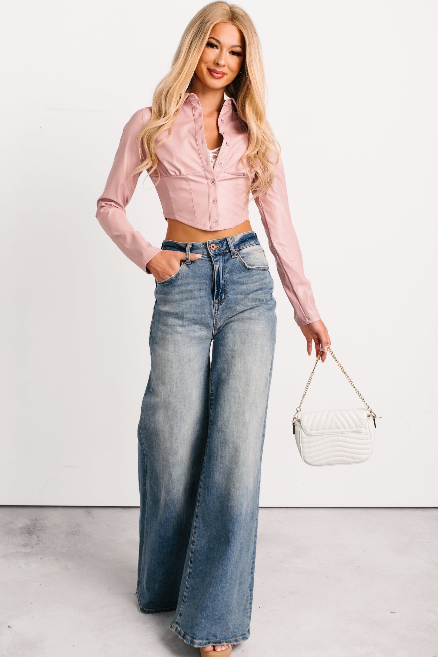 Chic Sensibilities Faux Leather Blouse (Pink)
