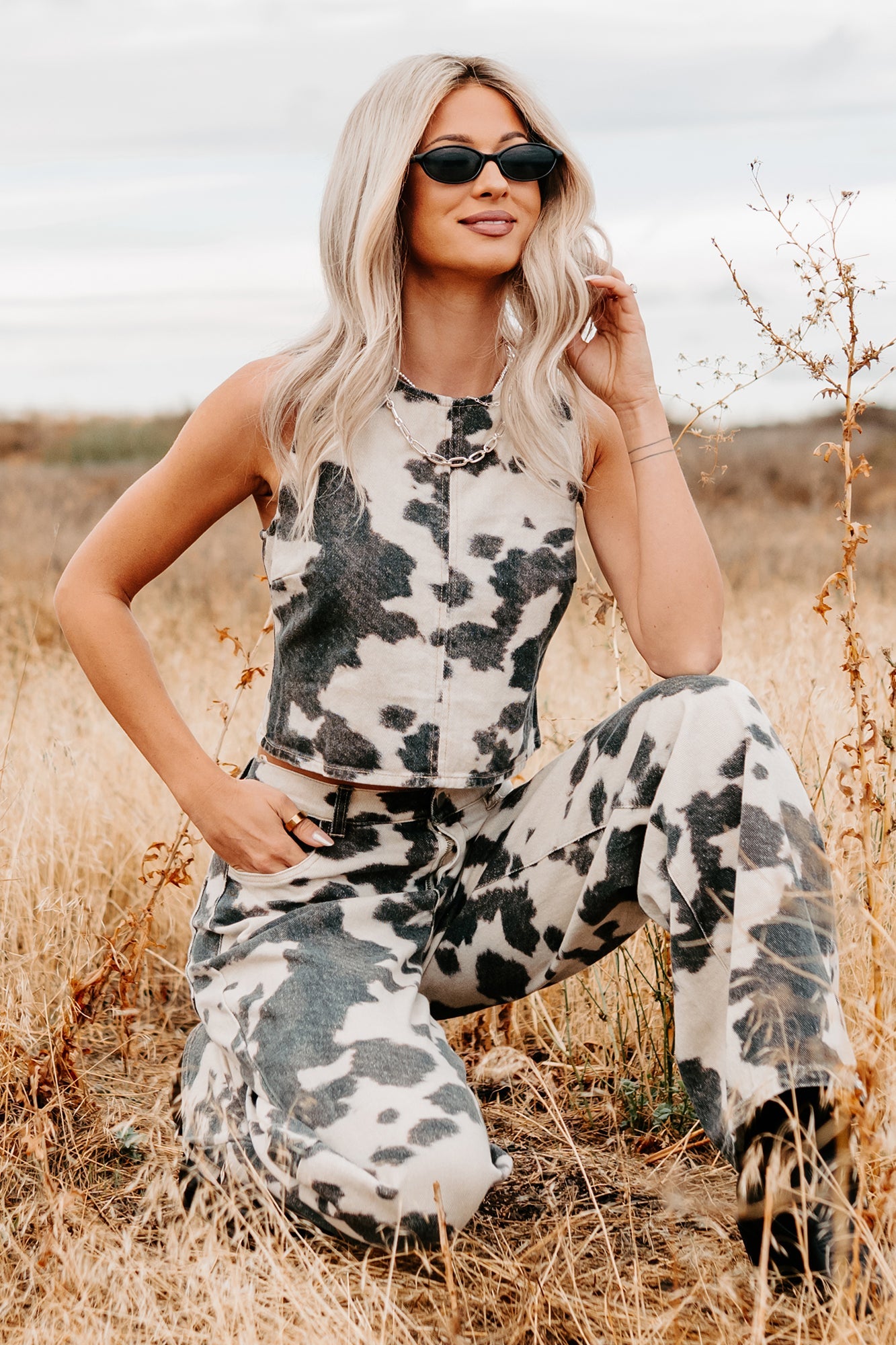 Blushin' Boots Sleeveless Denim Cow Print Top (Brown)