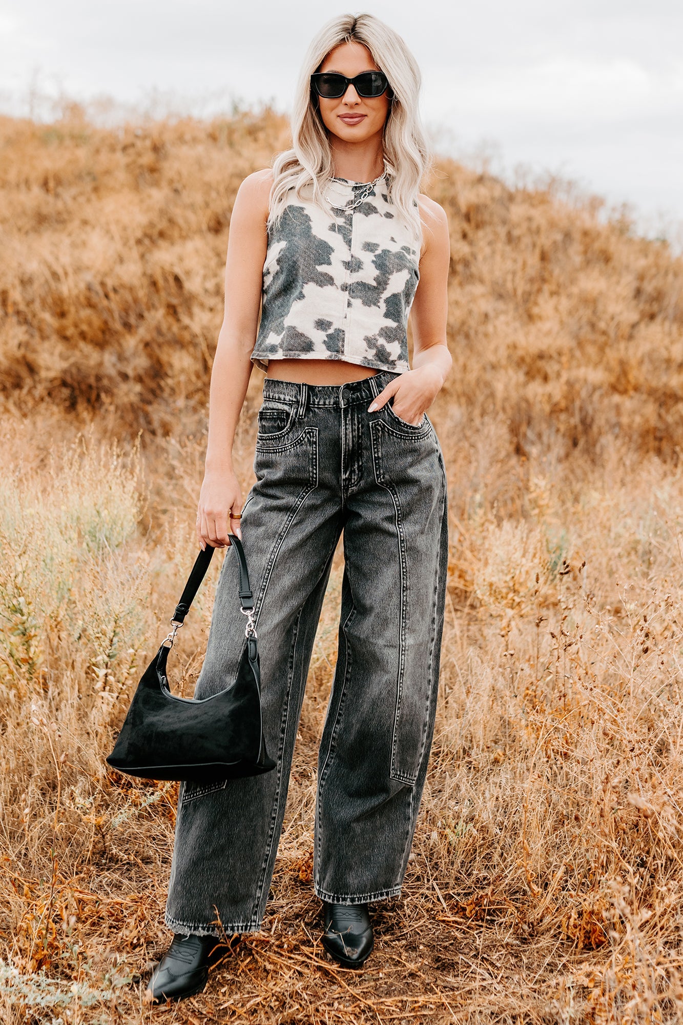 Blushin' Boots Sleeveless Denim Cow Print Top (Brown)