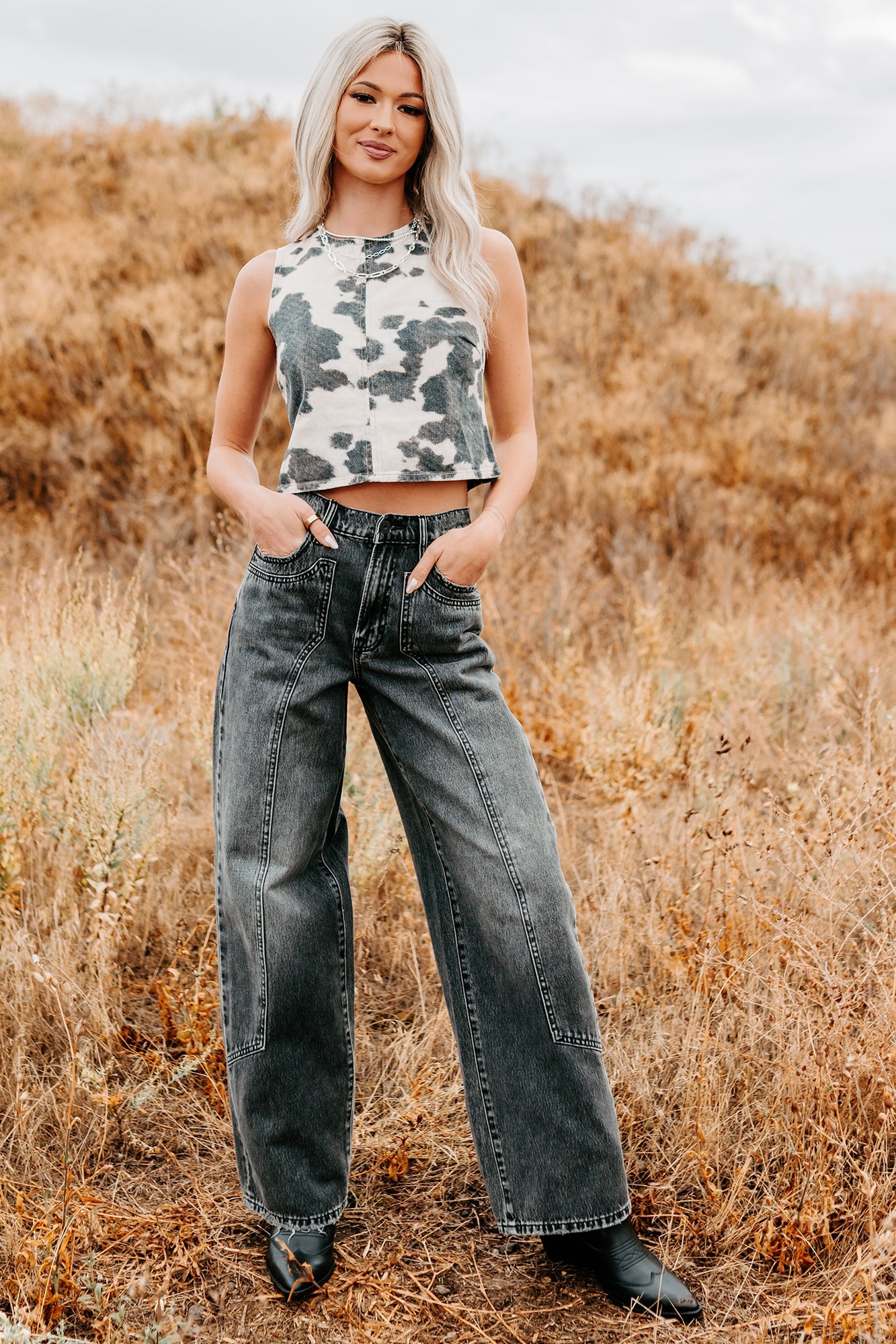 Blushin' Boots Sleeveless Denim Cow Print Top (Brown)