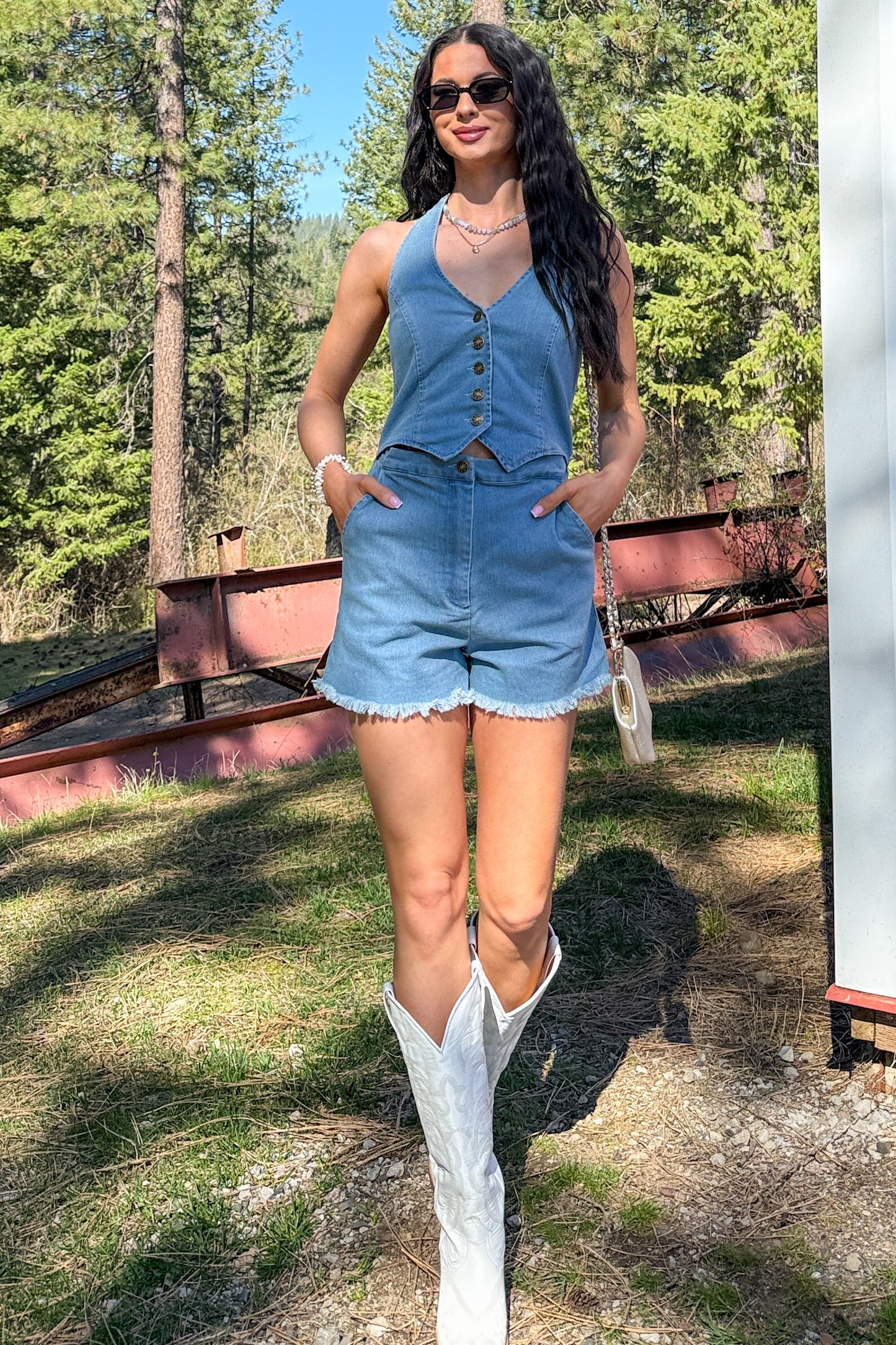 Born And Raised Denim Halter Vest Romper (Denim)