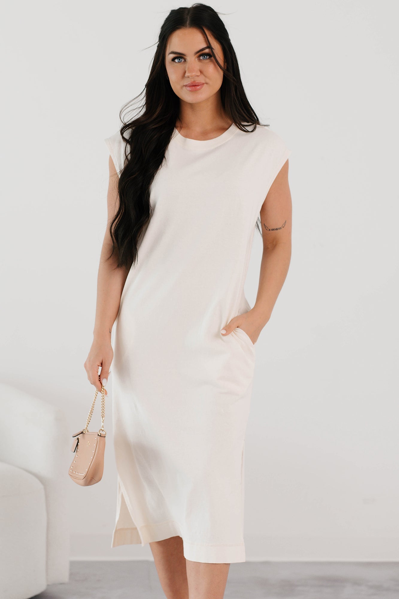 Sundays In Bed Sleeveless Midi Dress (Ivory)