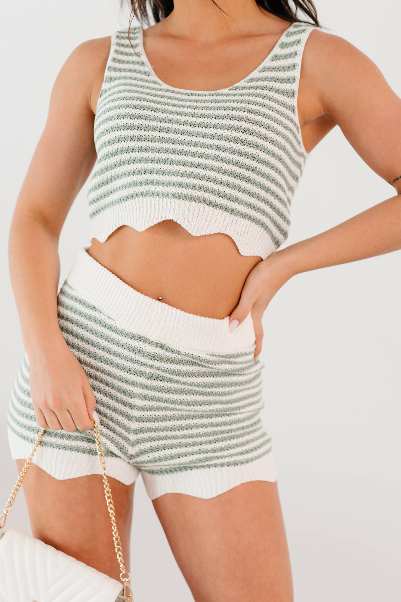 Relaxed Rhythm Striped Crop Top & Shorts Set (Sage)