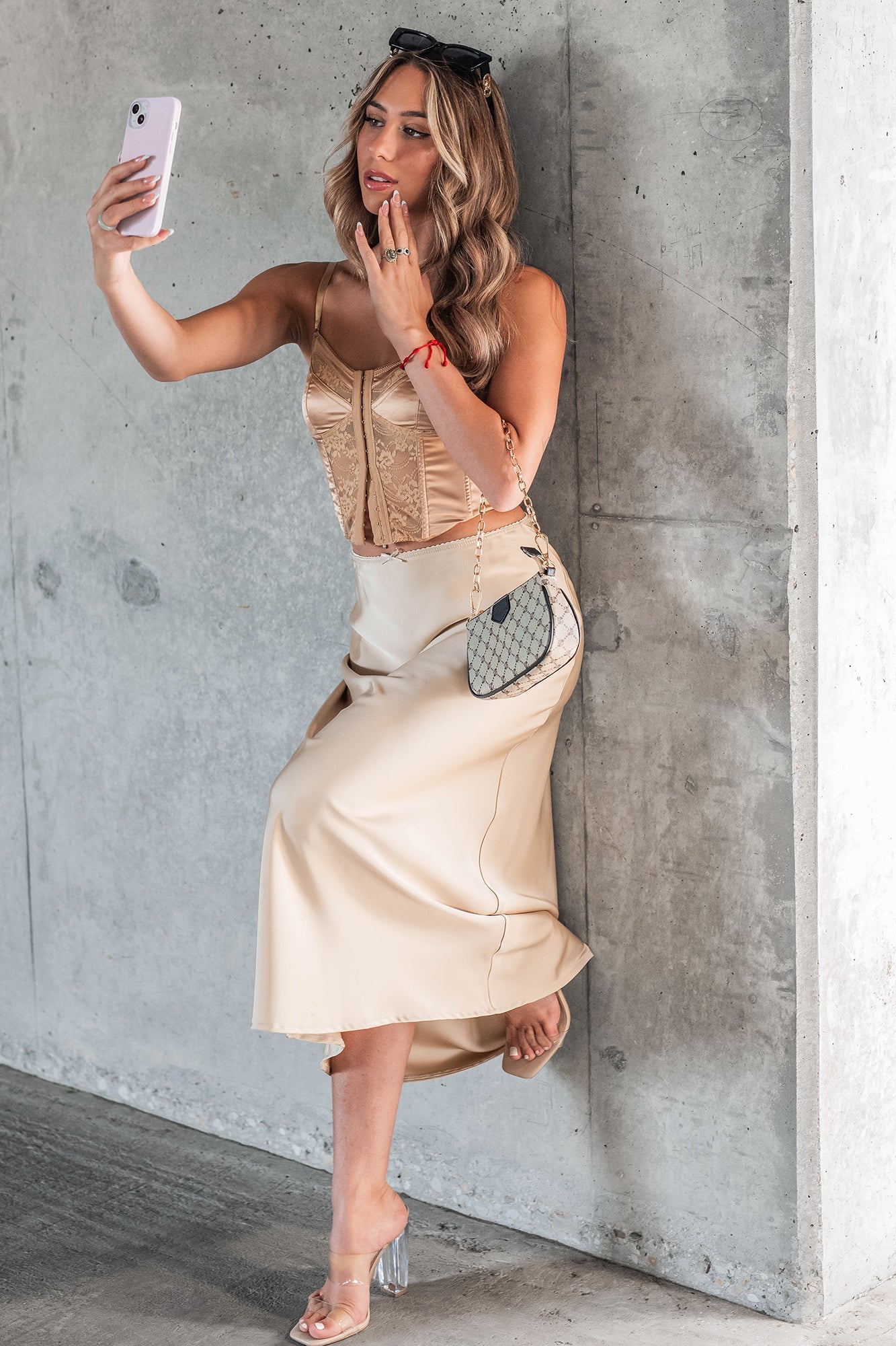 Chic Endeavors Satin Midi Skirt (Champagne)