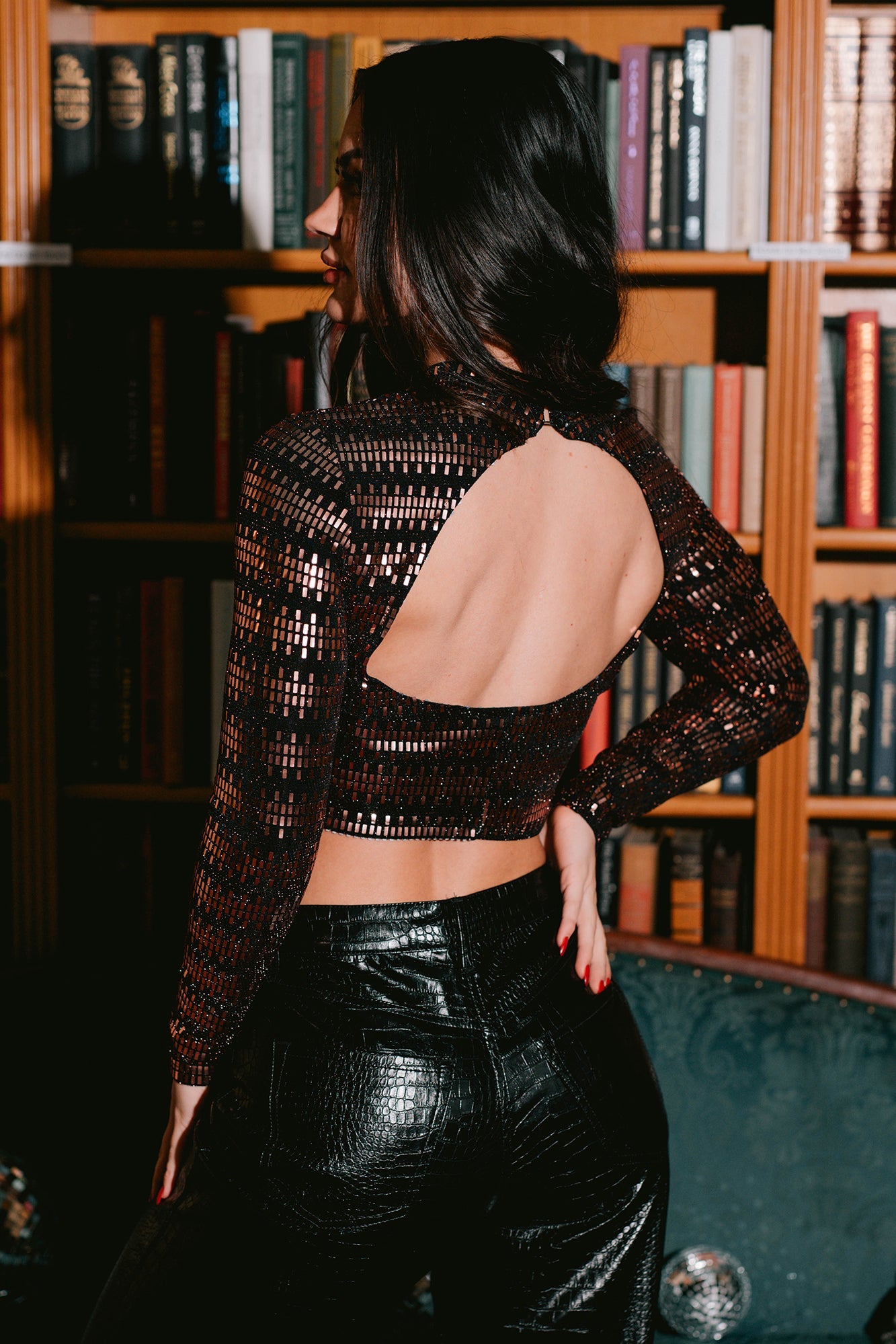 Pop The Bubbly Open Back Sequin Top (Black)