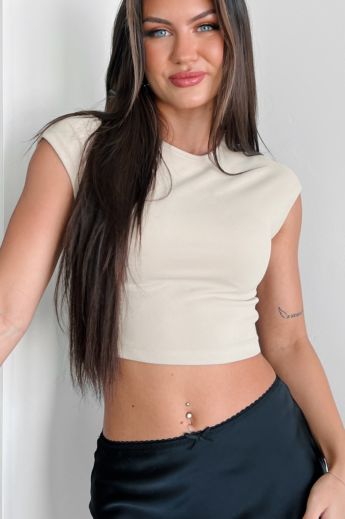 Staying Busy Cap Sleeve Crop Top (Taupe)