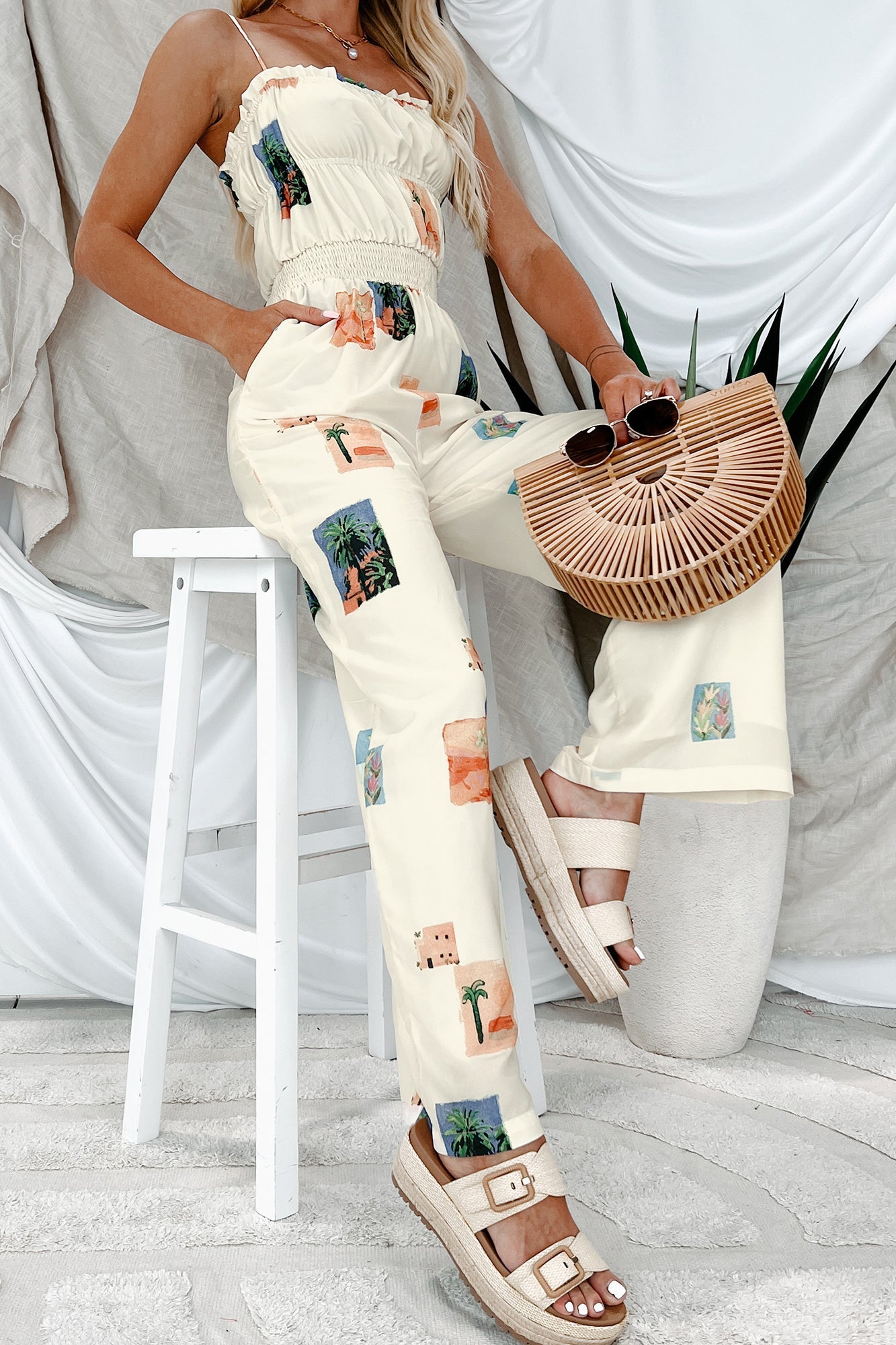 Sun & Done Printed Wide Leg Jumpsuit (Cream)