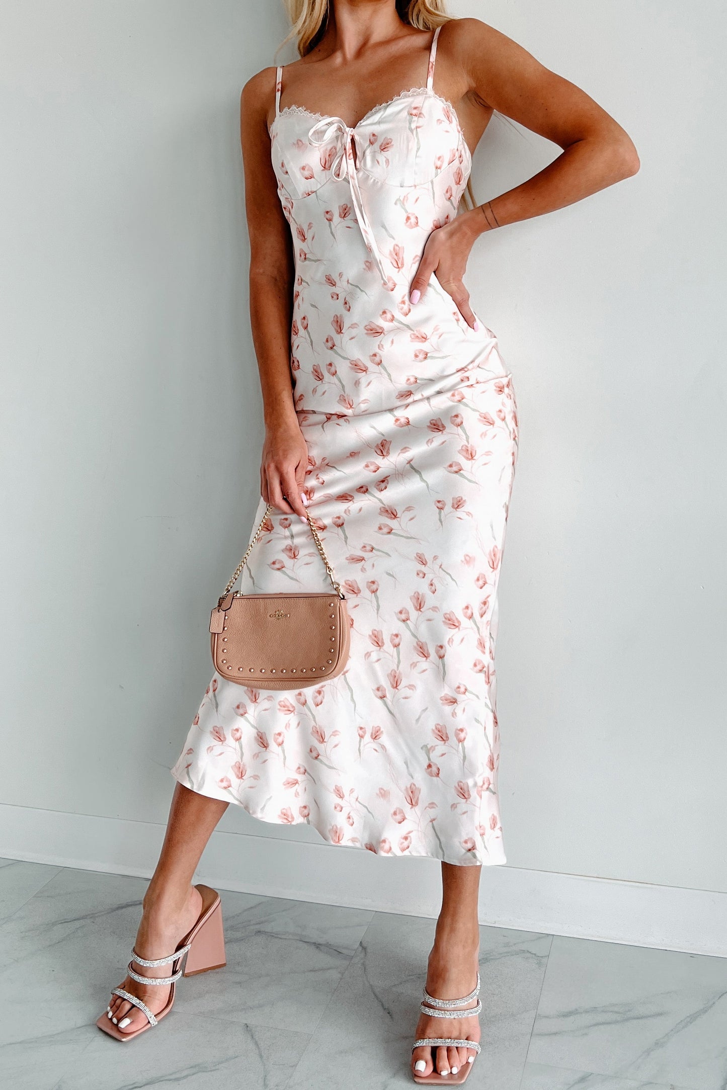 Enchanting Elegance Floral Satin Midi Dress (Blush)