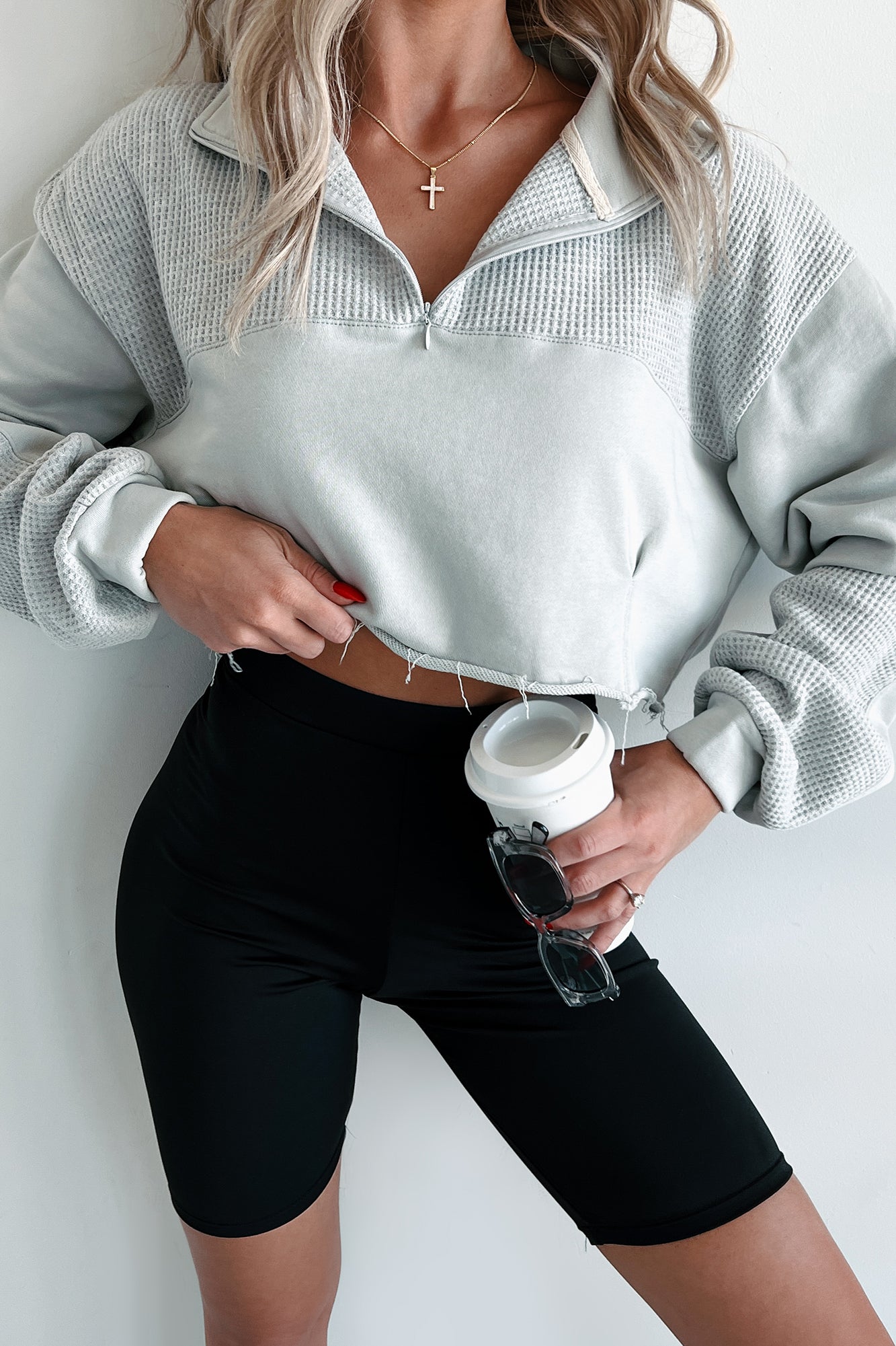 Breezy Days Quarter Zip Cropped POL Top (Light Grey)
