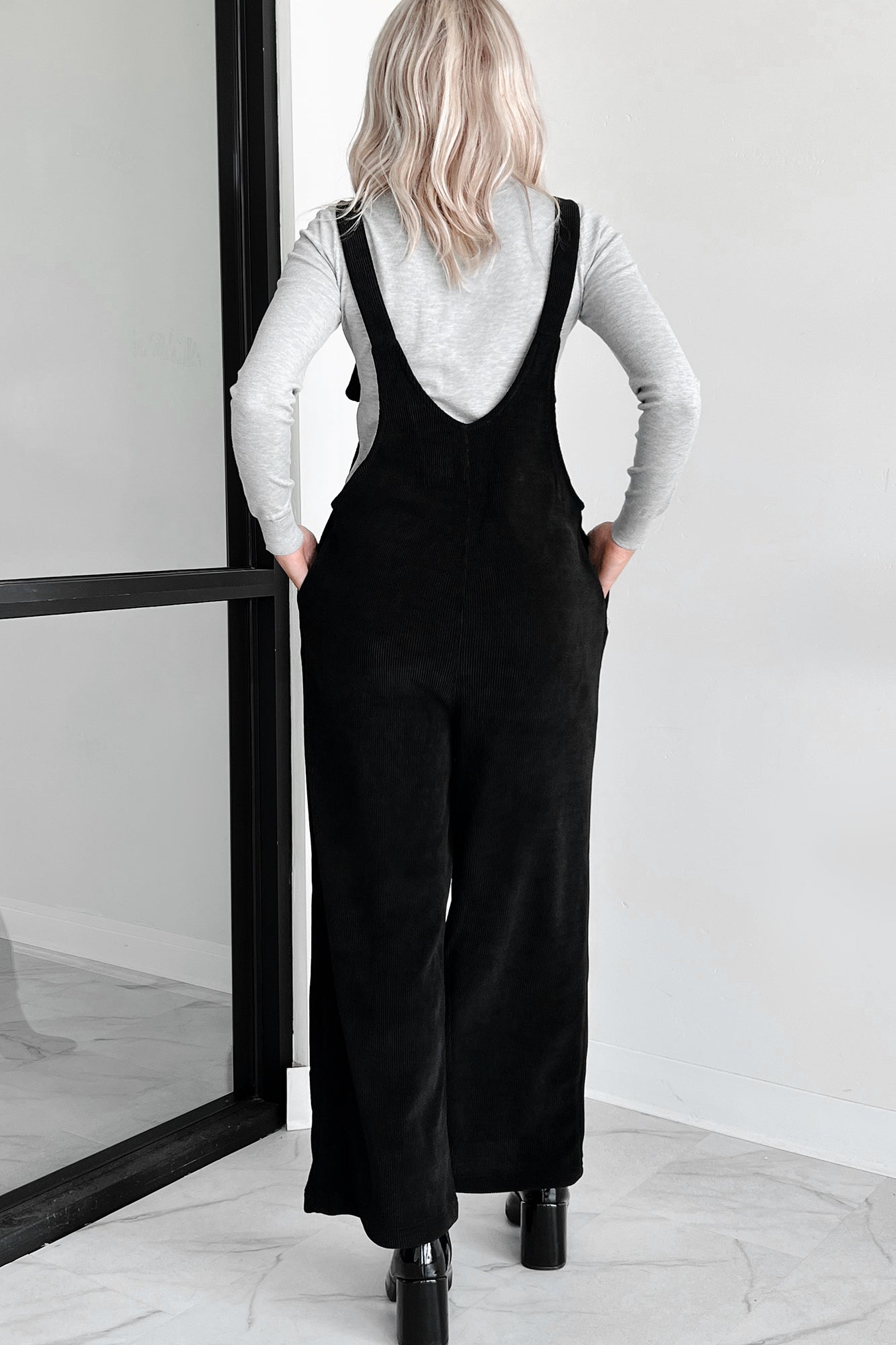 Playful Impression Soft Corduroy Overall Jumpsuit (Black)