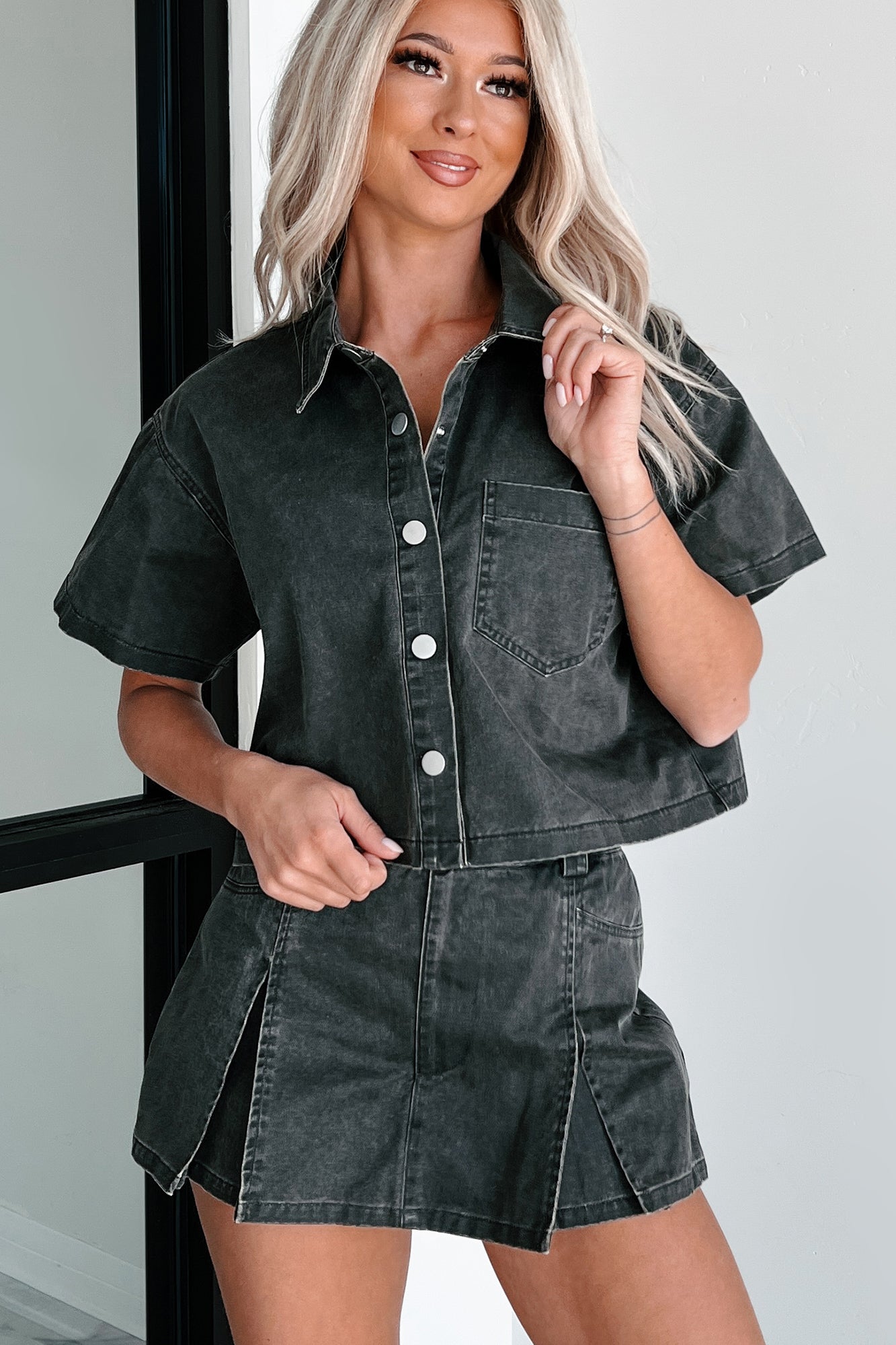 Tory Boxy Denim Button-Up Shirt (Washed Grey)