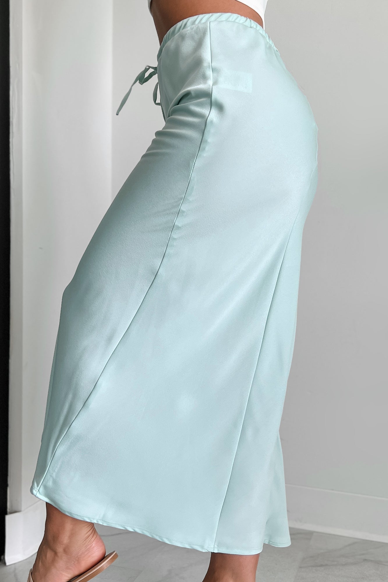 Such A Dreamer Drawstring Waist Satin Midi Skirt (Light Seagreen)