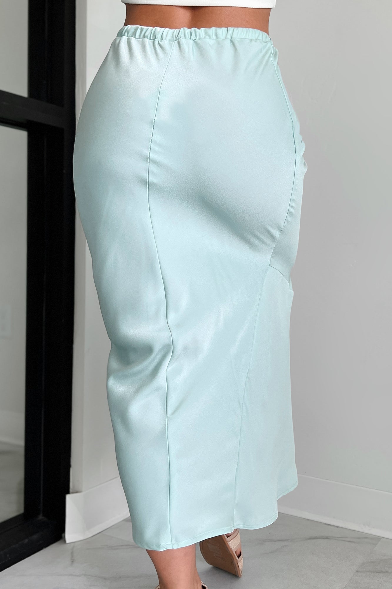 Such A Dreamer Drawstring Waist Satin Midi Skirt (Light Seagreen)