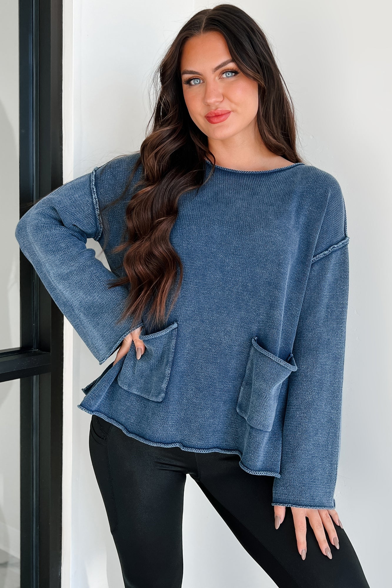 Humor Me Pocketed Sweater Top (Midnight Blue)