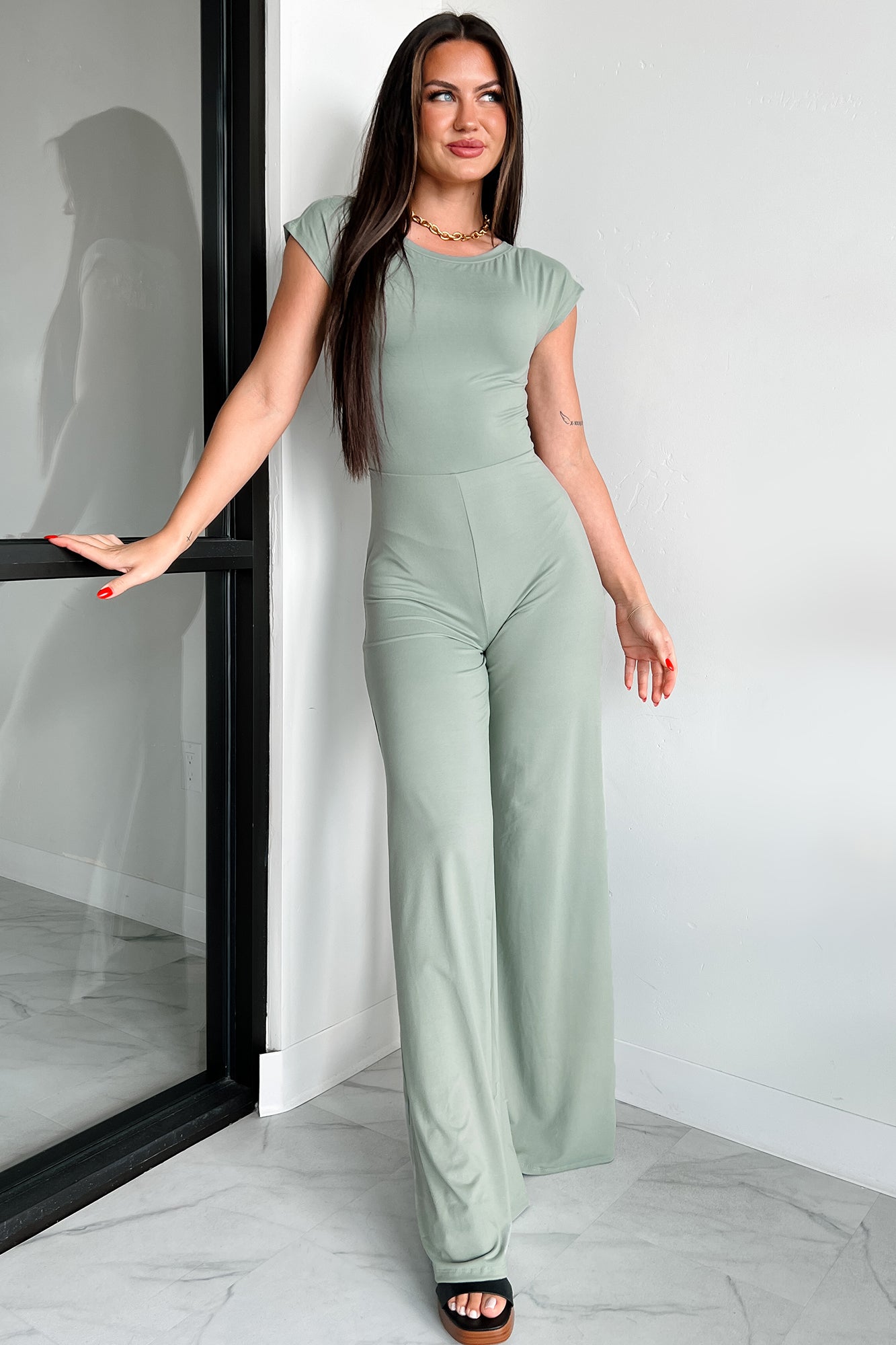 Staying Out Later Twist-Back Jumpsuit (Sage)