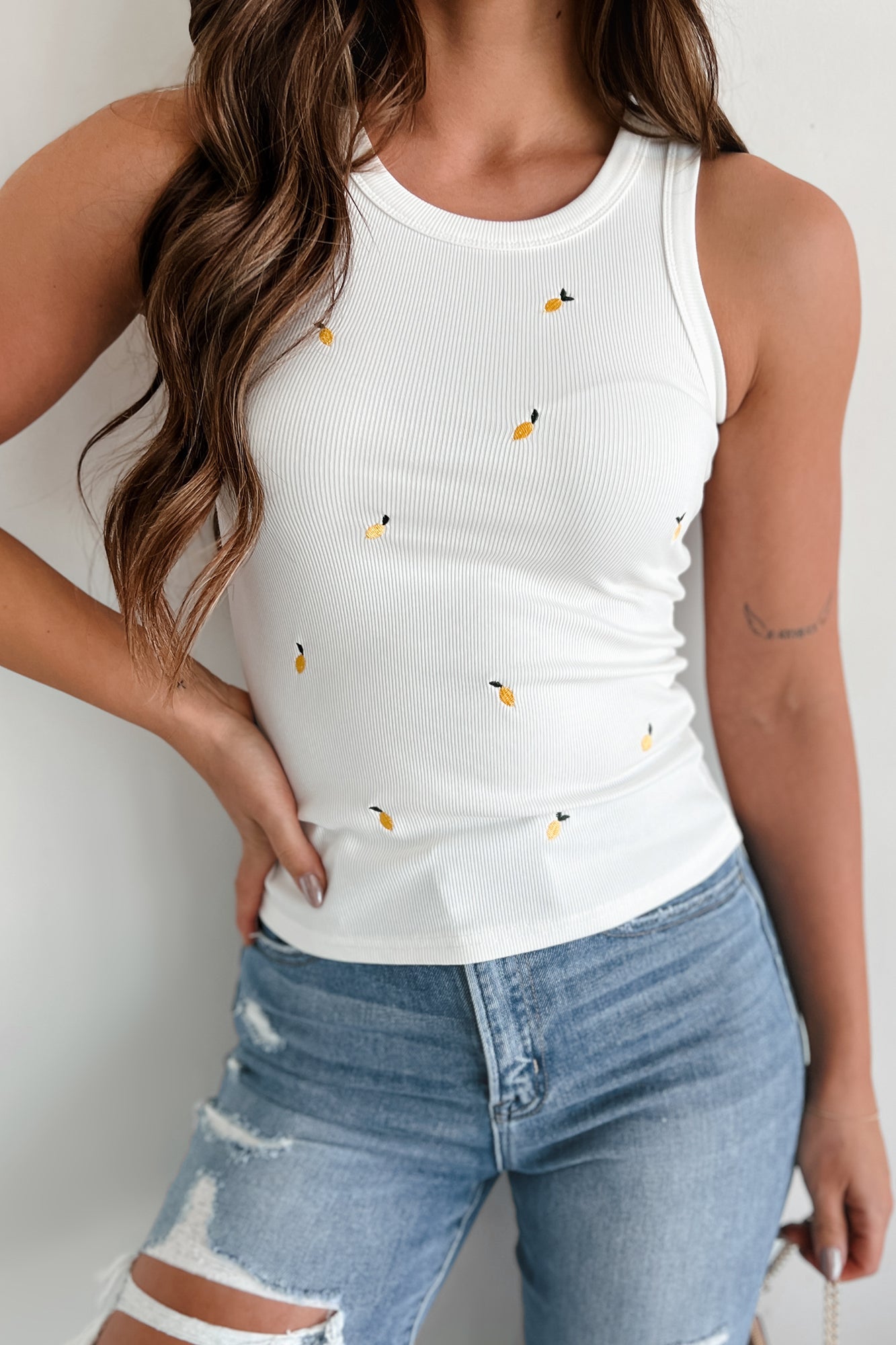 Warmer Days Lemon Embroidered Tank Top (White/Lemon)