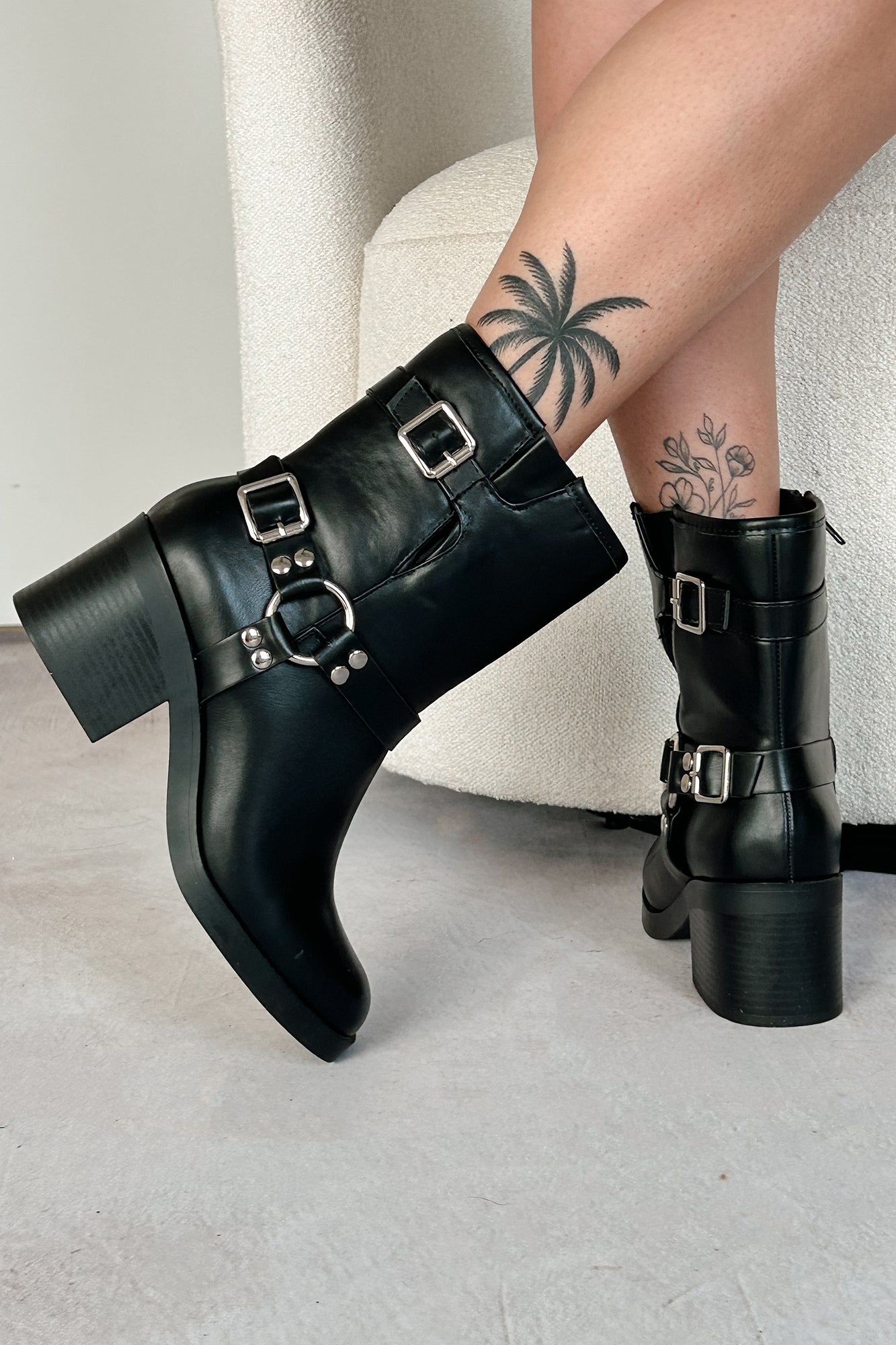 Tough As Nails Buckle Strap Chunky Biker Booties (Black)