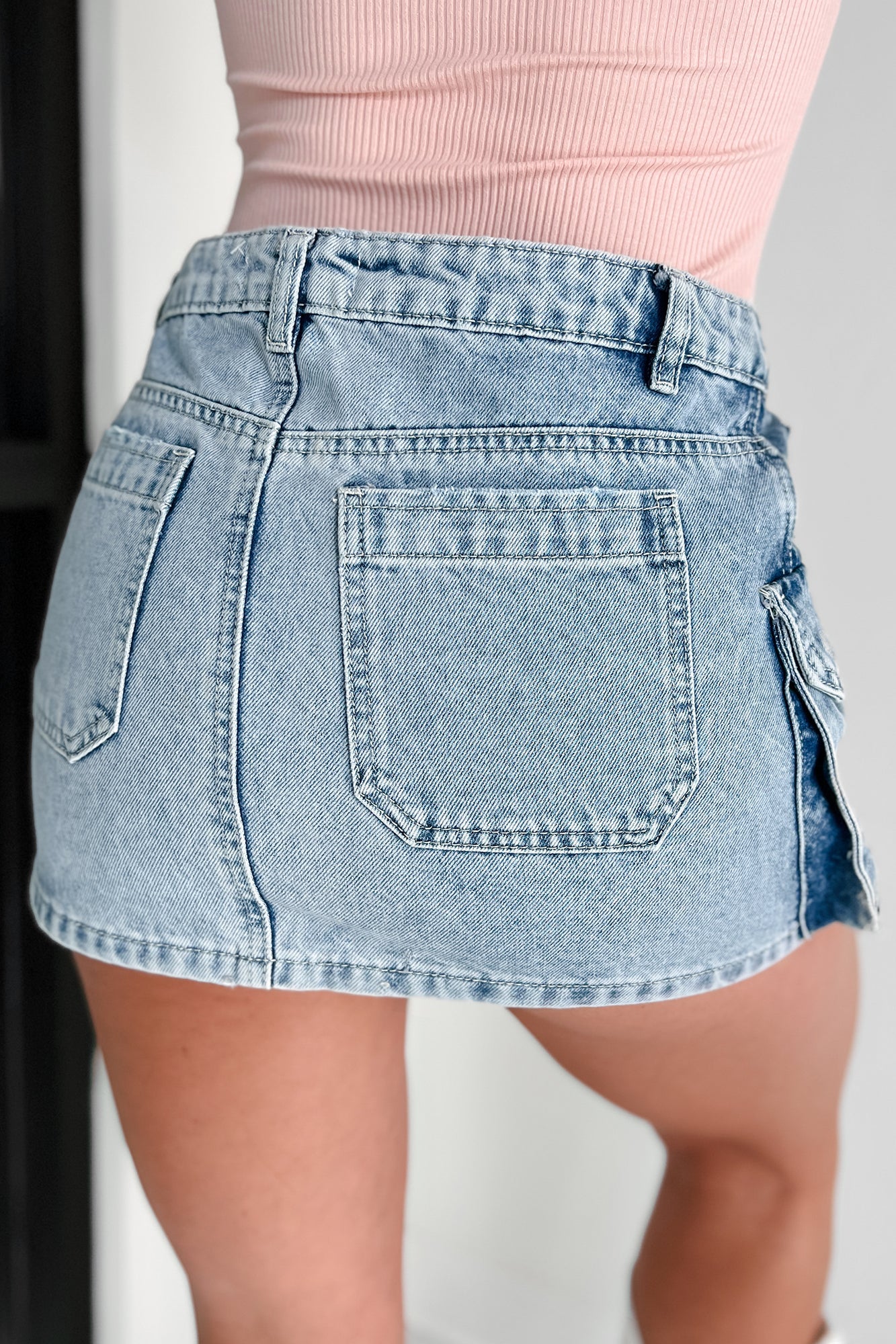 No Pep Talk Needed Denim Cargo Mini Skirt (Light Denim)