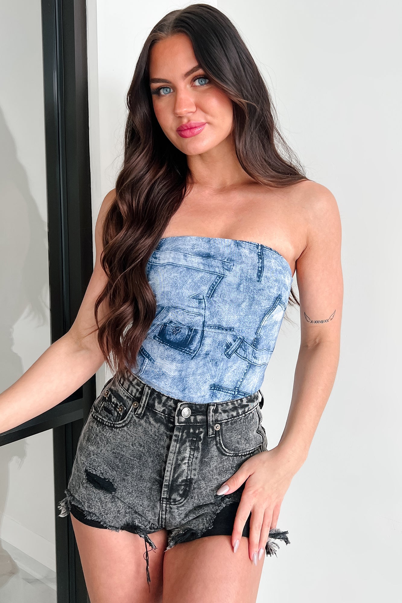 Myrah Denim Print Mesh Bodysuit (Denim)