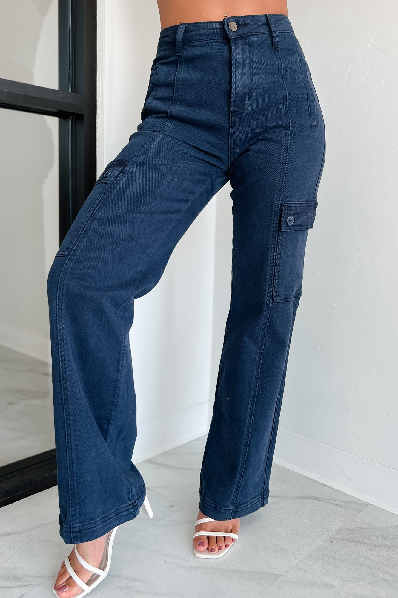 Laith High Rise Wide Leg Risen Cargo Jeans (Blueberry)