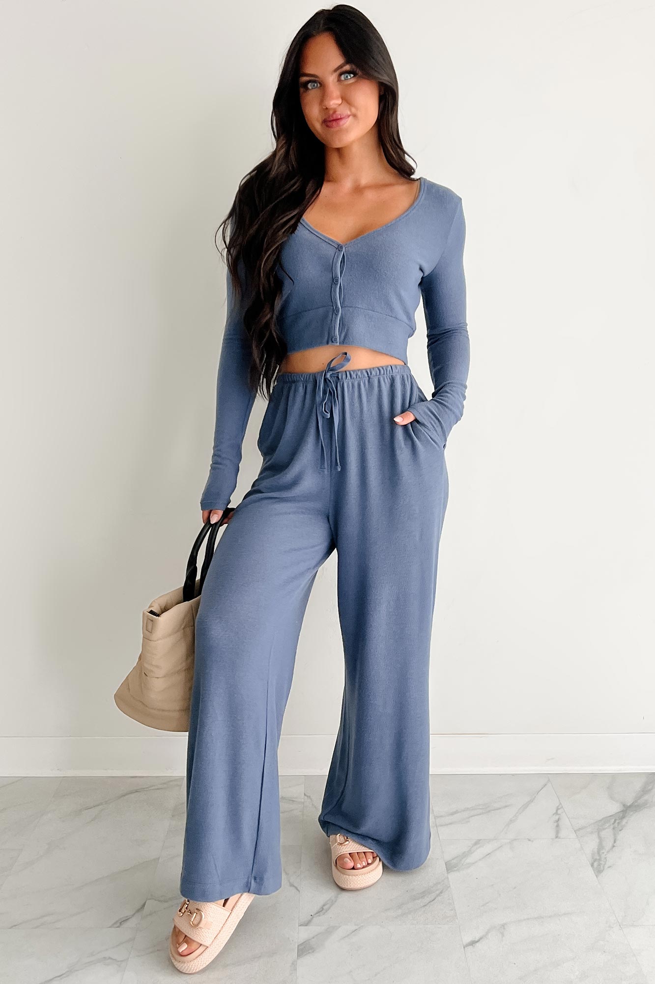 All Your Love Button Detail Long Sleeve Top (Dusty Navy)