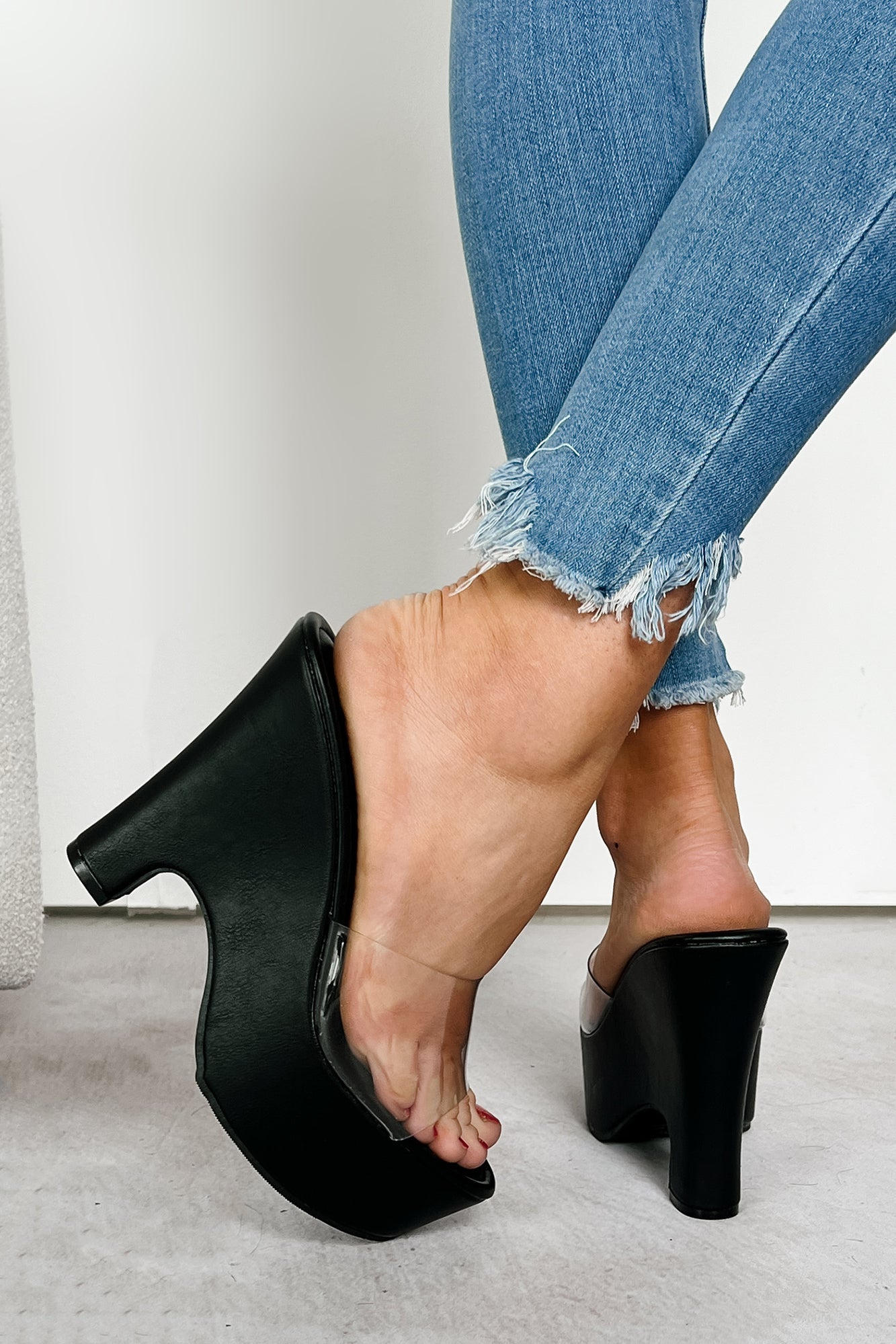 The Renaissance Clear Strap Platform Wedge Sandals (Black)