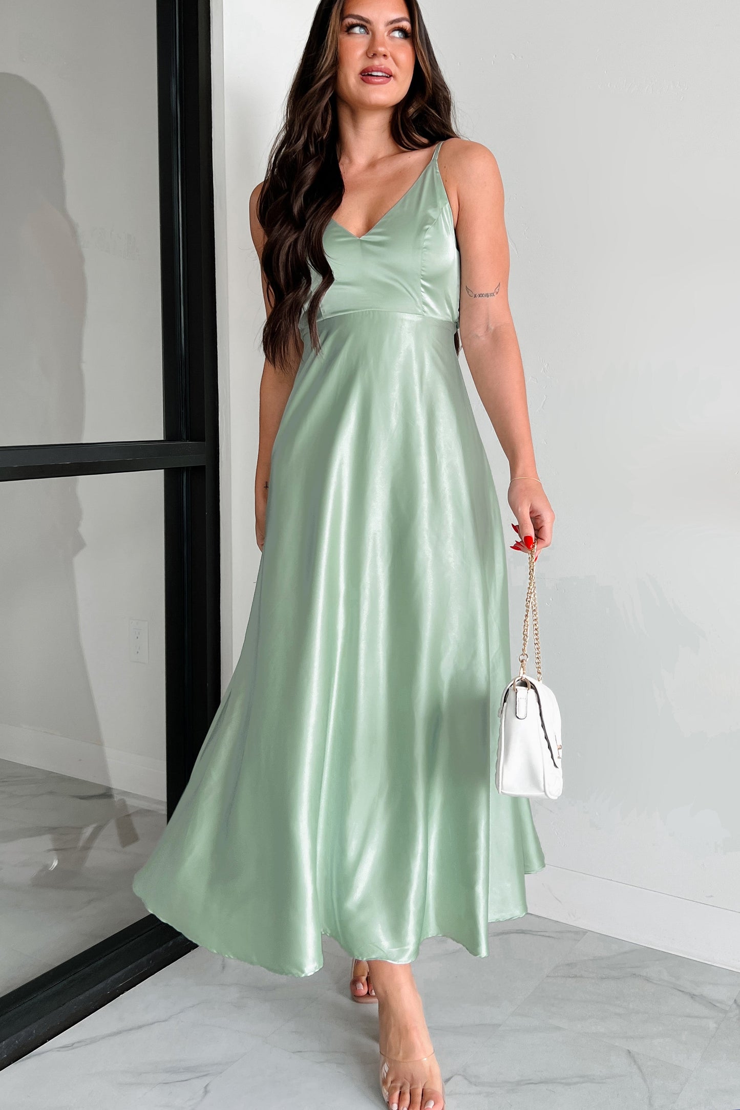 Luxurious Poise Satin Midi Dress (Pastel Sage)