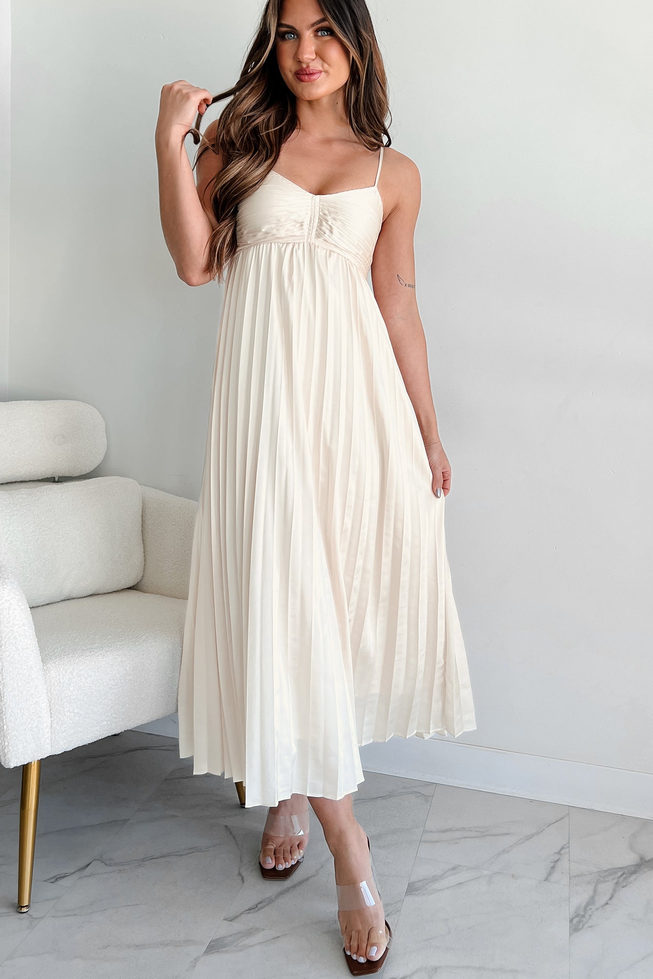 Essential Chicness Pleated Satin Dress (Champagne)