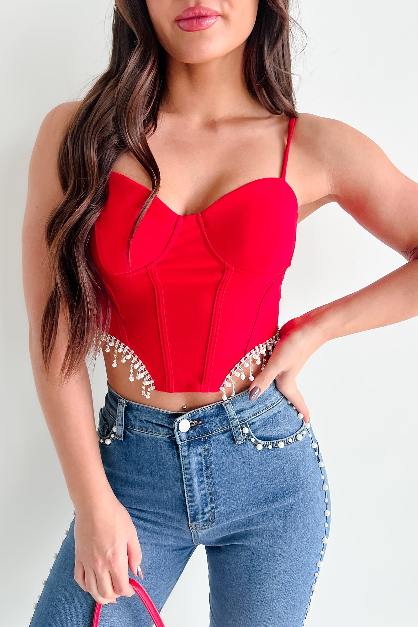 Fixed On You Rhinestone Pearl Fringe Top (Red)