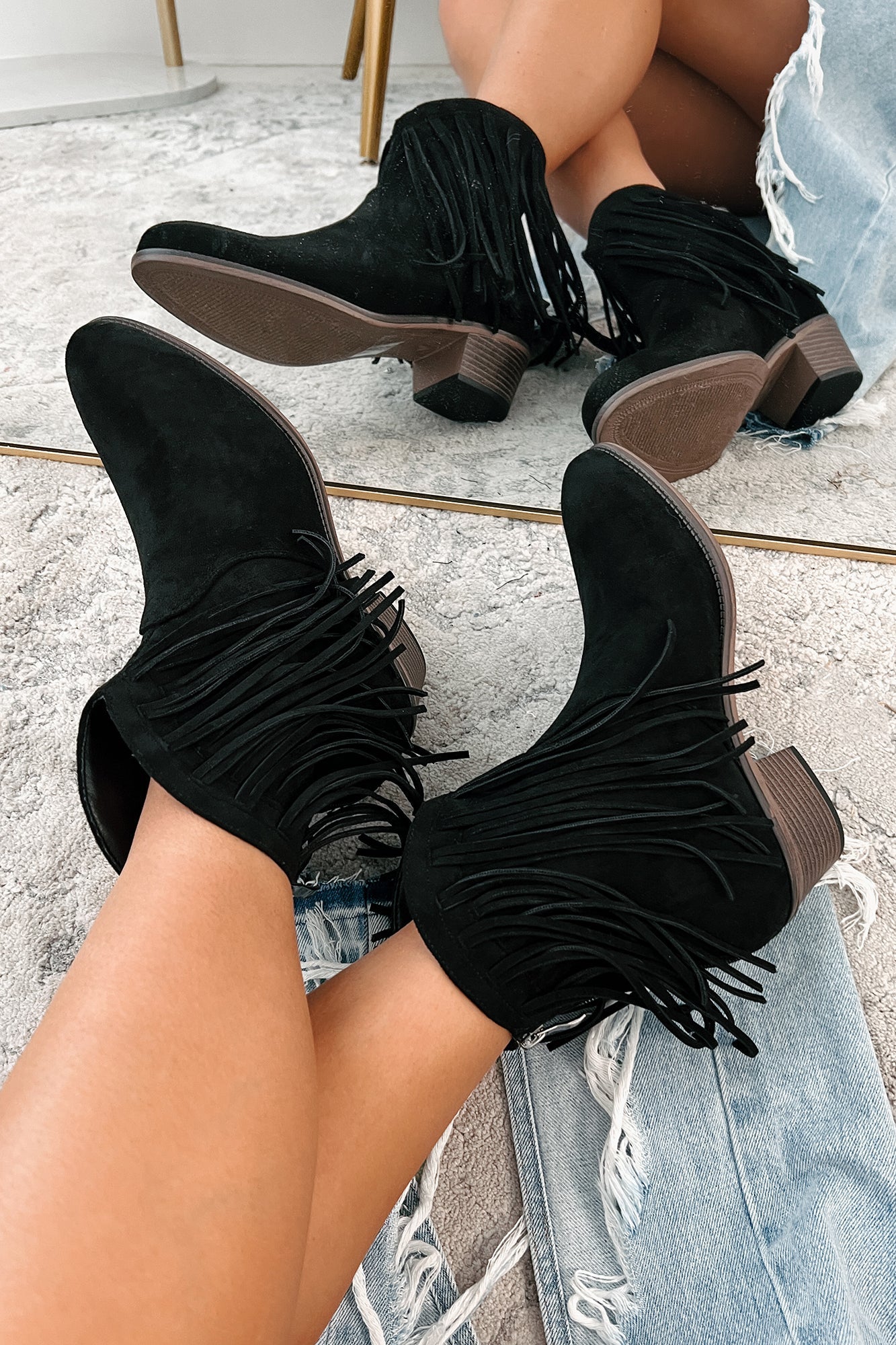 Dallas Darling Fringe Ankle Booties (Black)