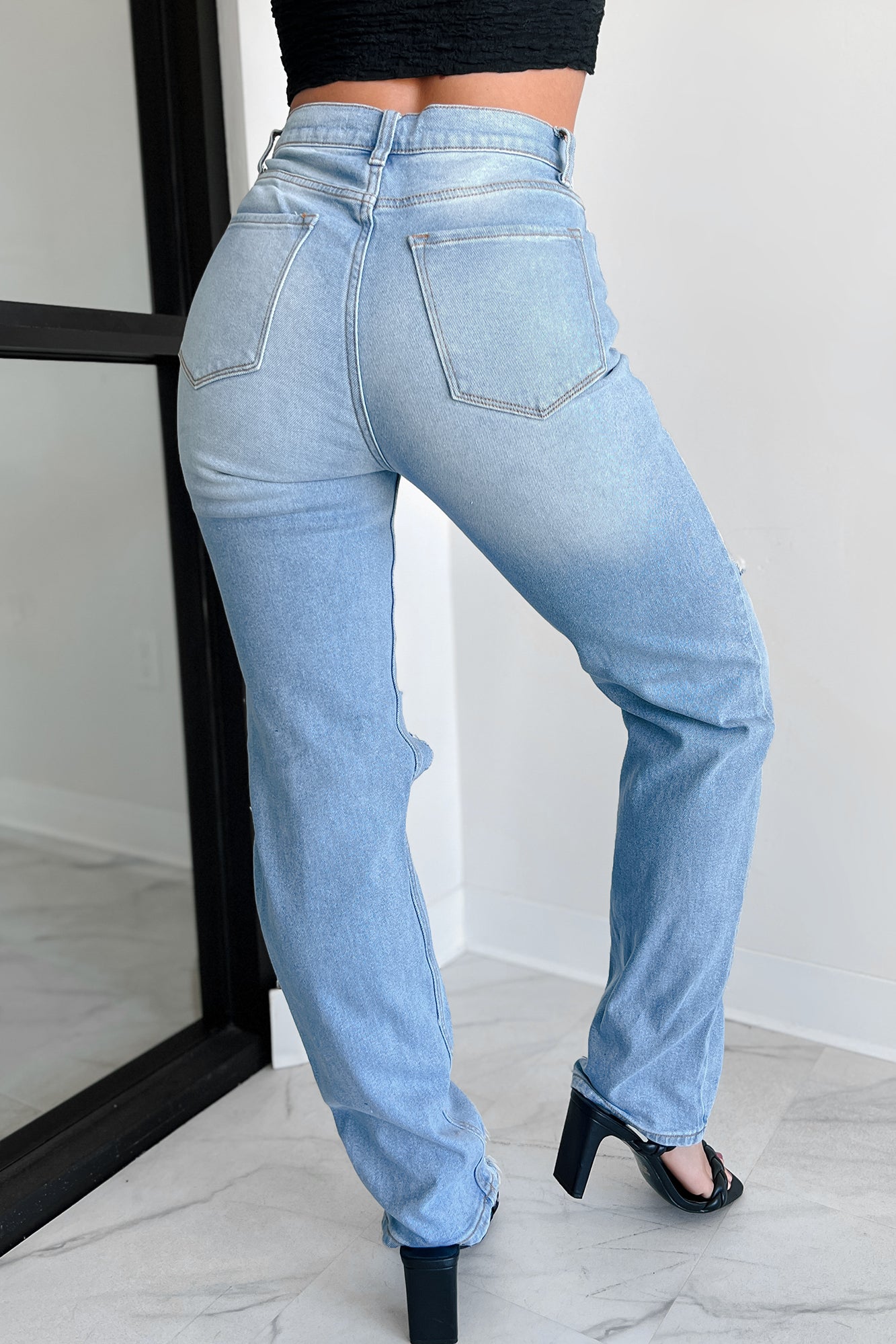 Don't Delay High Rise Distressed Straight Leg Dogma Jeans (Medium Wash)