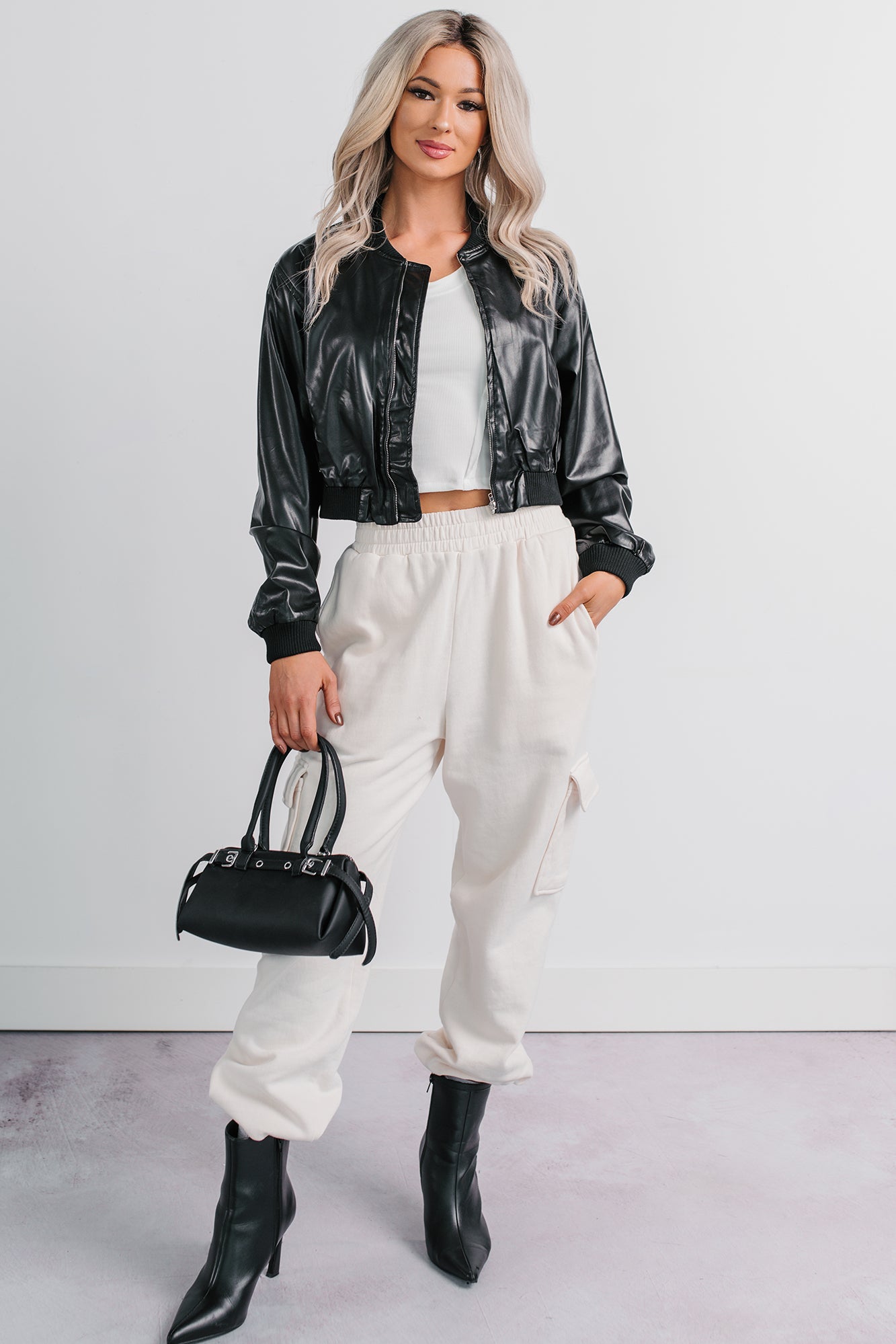 Crown Moment Faux Leather Crop Jacket (Black)